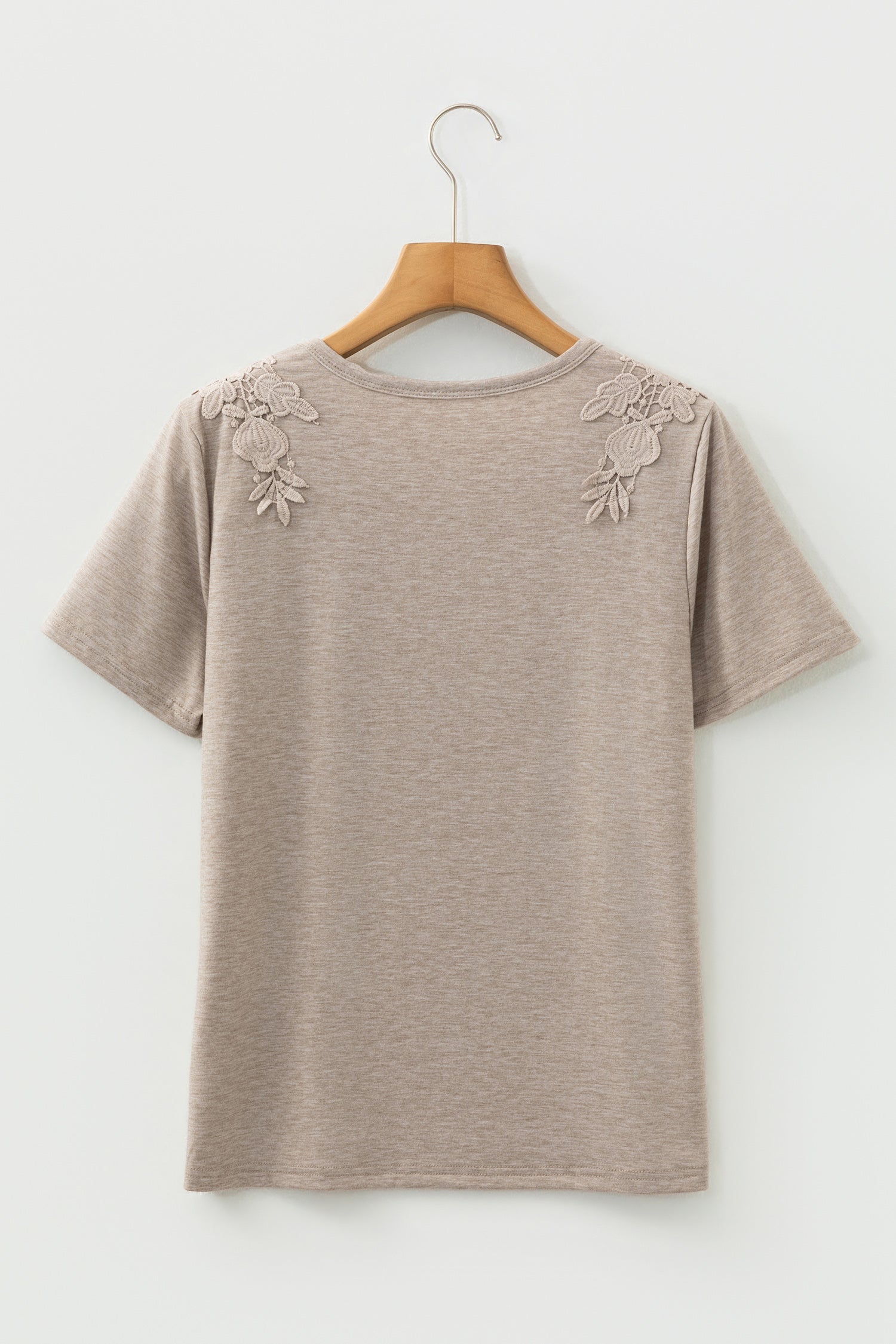 Smoke Gray Solid Color Lace Patched Detail Round Neck Tee-Tops/Tops & Tees-[Adult]-[Female]-2022 Online Blue Zone Planet
