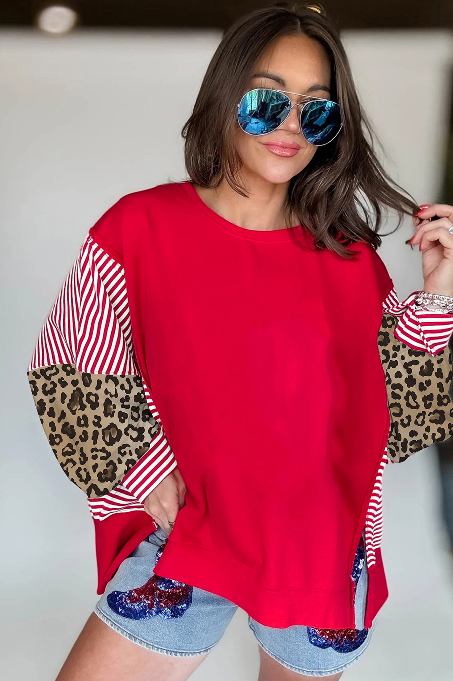 Racing Red Striped Patchwork Sleeve Colorblock Sweatshirt-Tops/Sweatshirts & Hoodies-[Adult]-[Female]-2022 Online Blue Zone Planet