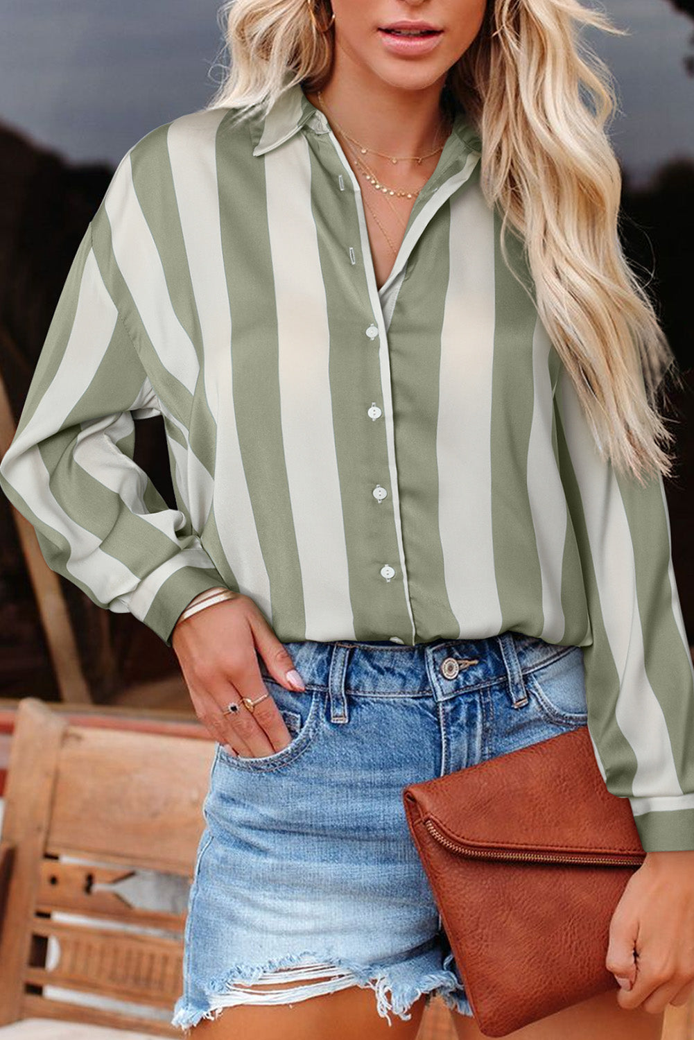 Green Striped Soft Relaxed Button Up Shirt-Tops/Blouses & Shirts-[Adult]-[Female]-Green-S-2022 Online Blue Zone Planet