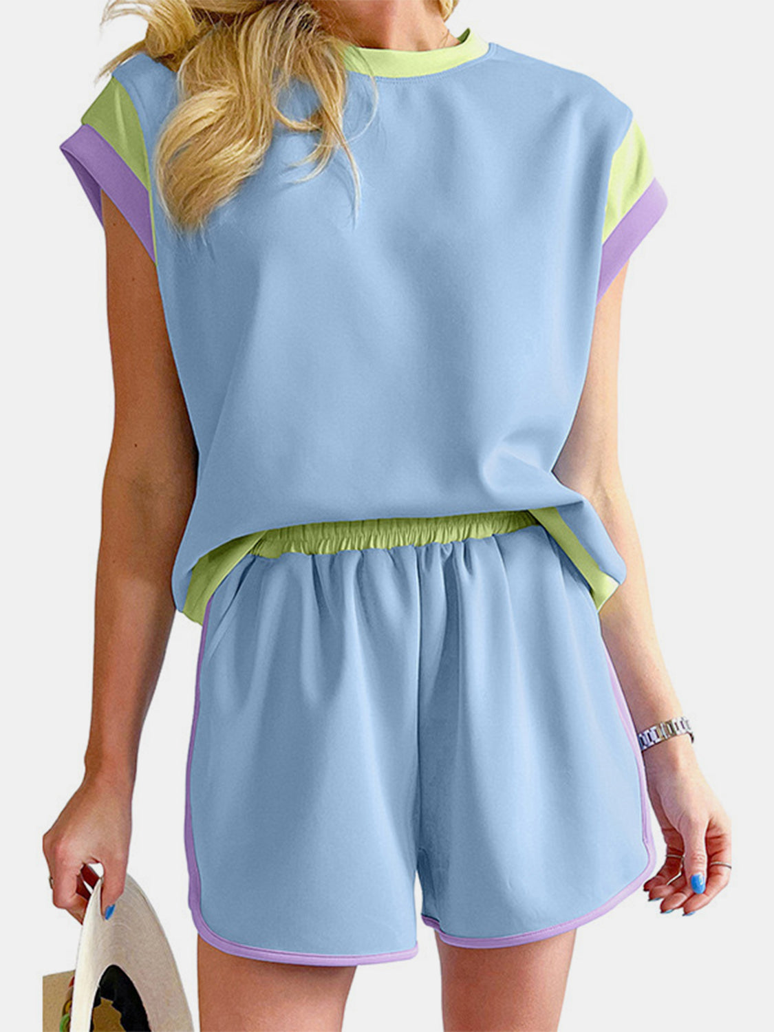 Blue Zone Planet | Contrast Round Neck Top and Shorts Set-TOPS / DRESSES-[Adult]-[Female]-Light Blue-S-2022 Online Blue Zone Planet