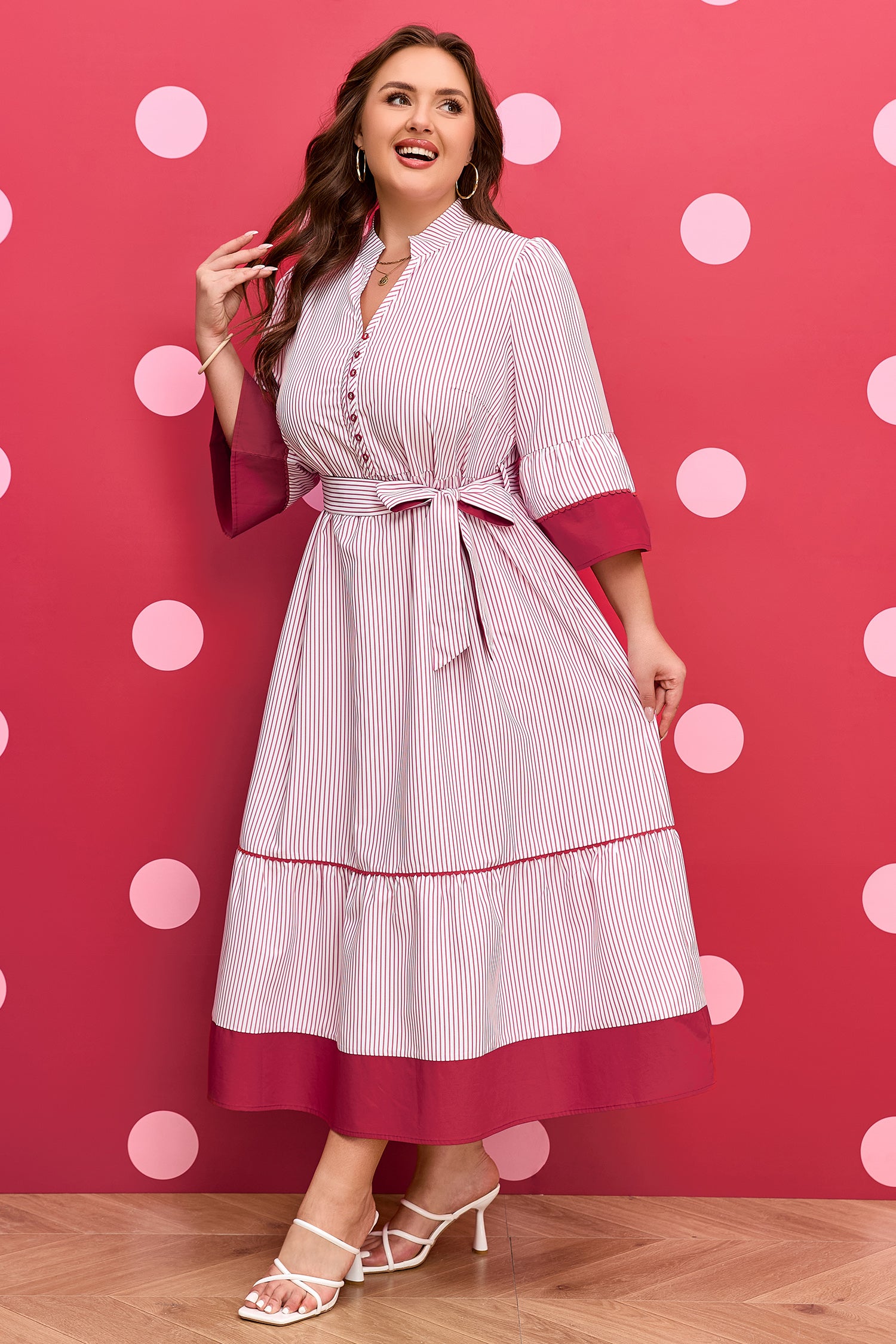 Red Stripe Plus Size Ruffled Hem Pinstriped Midi Dress-TOPS / DRESSES-[Adult]-[Female]-2022 Online Blue Zone Planet