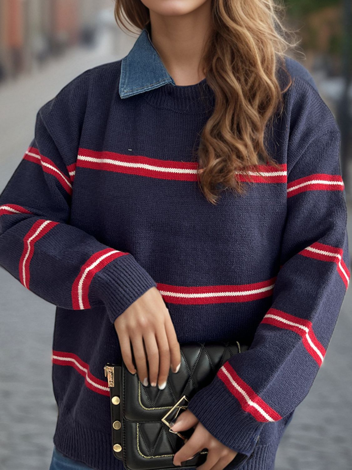 Blue Zone Planet | Contrast Stripes Round Neck Long Sleeve Sweater-TOPS / DRESSES-[Adult]-[Female]-2022 Online Blue Zone Planet