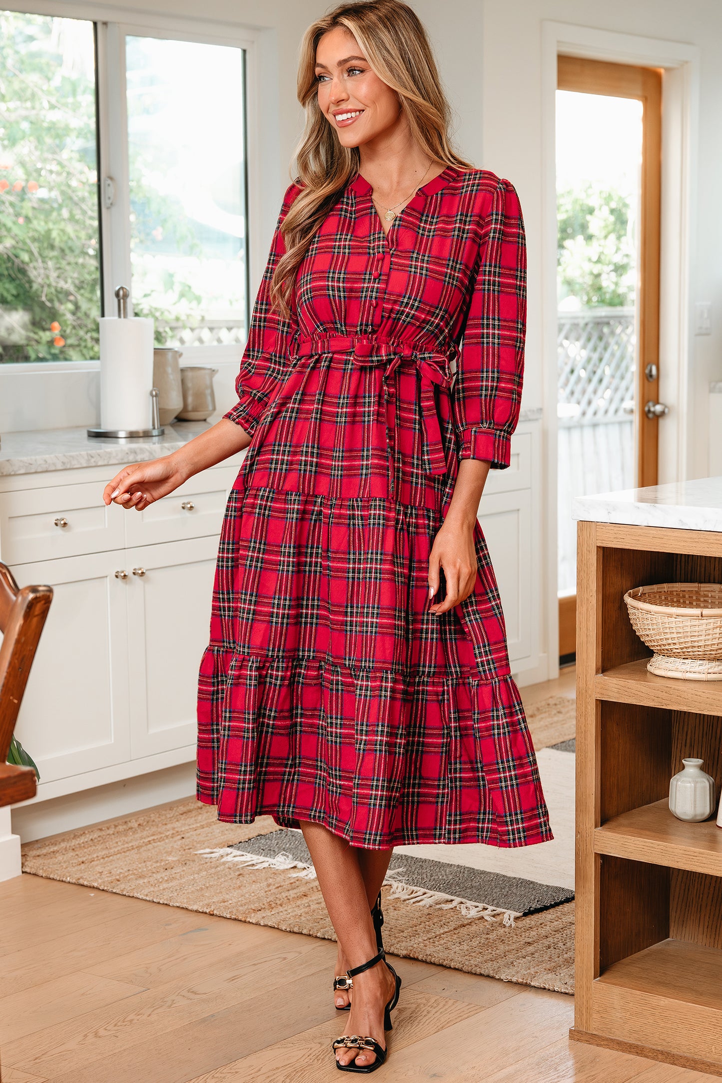 Red Christmas Plaid V Neck 3/4 Sleeve Tie Waist Ruffle Hem Long Dress-TOPS / DRESSES-[Adult]-[Female]-2022 Online Blue Zone Planet