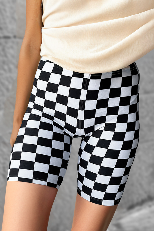 Blue Zone Planet | Black Checkerboard Printed High Waist Biker Shorts-Bottoms/Leggings-[Adult]-[Female]-2022 Online Blue Zone Planet