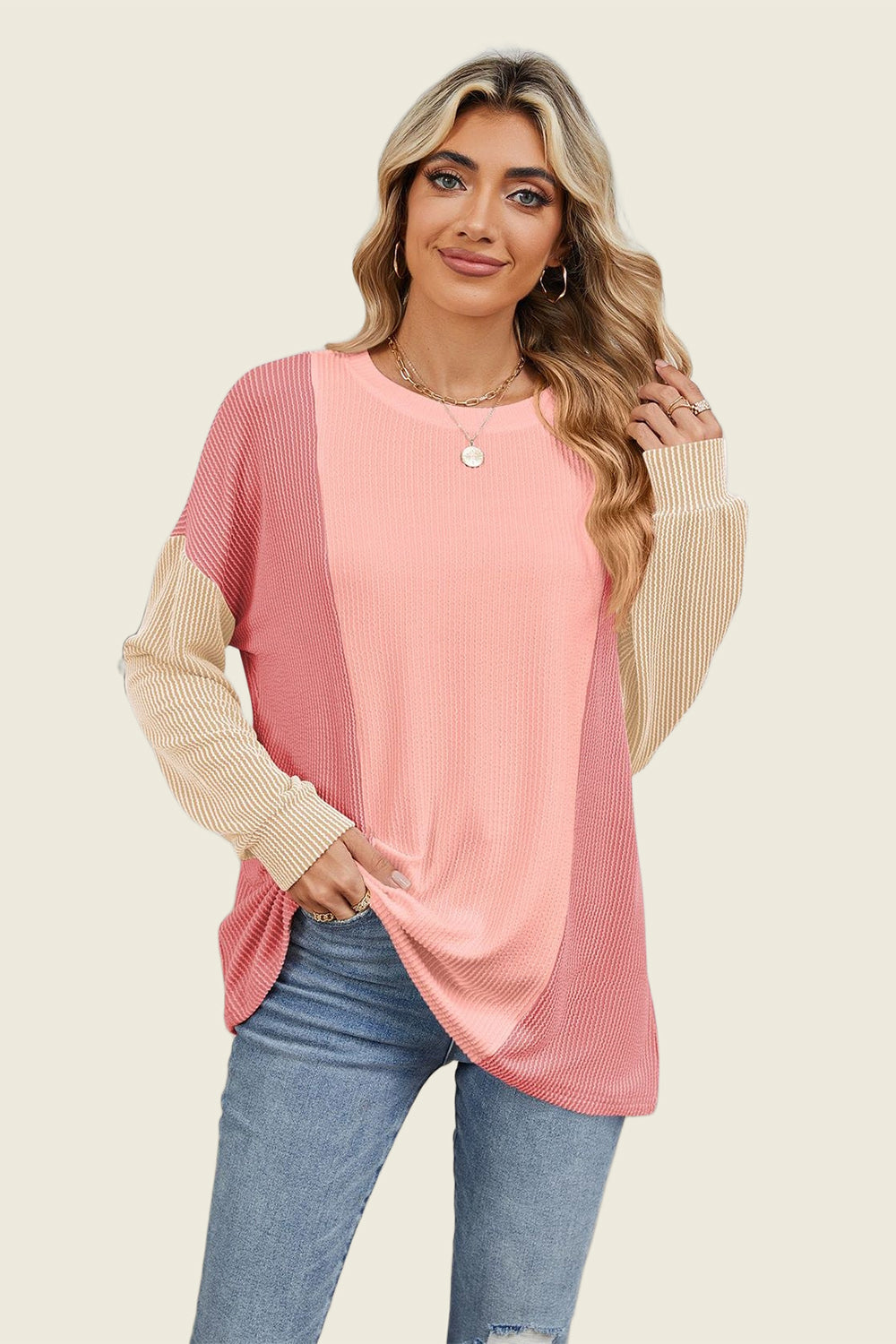 Double Take Texture Contrast Round Neck Long Sleeve T-Shirt-TOPS / DRESSES-[Adult]-[Female]-Dusty Pink-S-2022 Online Blue Zone Planet