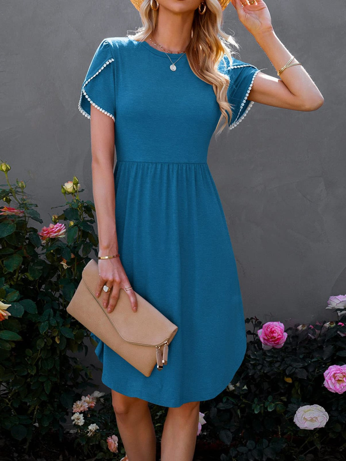 Blue Zone Planet | Round Neck Petal Sleeve Dress-TOPS / DRESSES-[Adult]-[Female]-2022 Online Blue Zone Planet