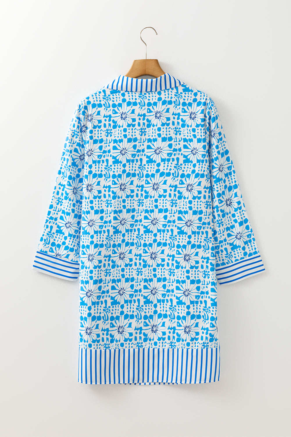 Sky Blue Contrast Striped Trim Floral Shift Fit Fall Dress-TOPS / DRESSES-[Adult]-[Female]-2022 Online Blue Zone Planet