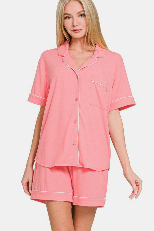 Zenana Button Down Short Sleeve Top and Shorts Lounge Set-TOPS / DRESSES-[Adult]-[Female]-DK PINK-S-2022 Online Blue Zone Planet