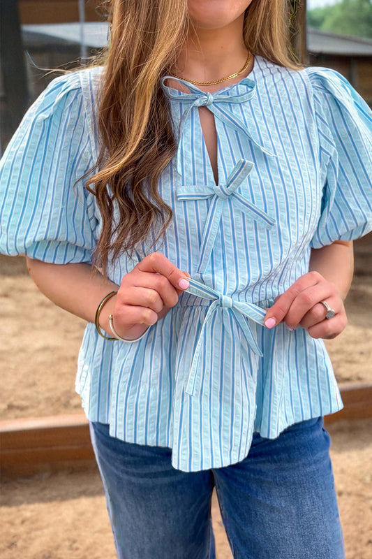 Sky Blue Stripe Bow Knot Textured Short Puff Sleeve Babydoll Blouse-Tops/Blouses & Shirts-[Adult]-[Female]-Sky Blue Stripe-S-2022 Online Blue Zone Planet