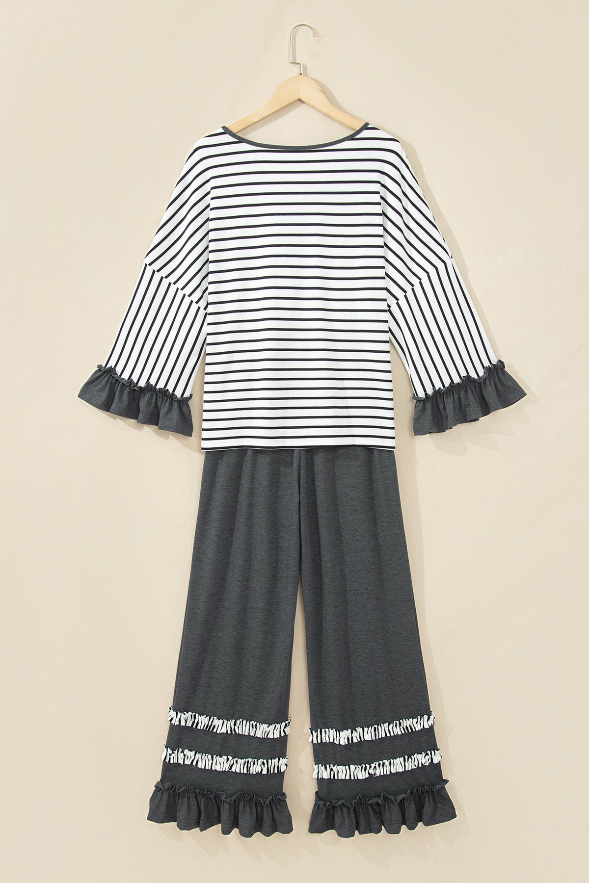 Gray Stripe V Neck Ruffle Contrast Sleeve Top Drawstring Pants 2pcs Set-Two Piece Sets/Pant Sets-[Adult]-[Female]-2022 Online Blue Zone Planet