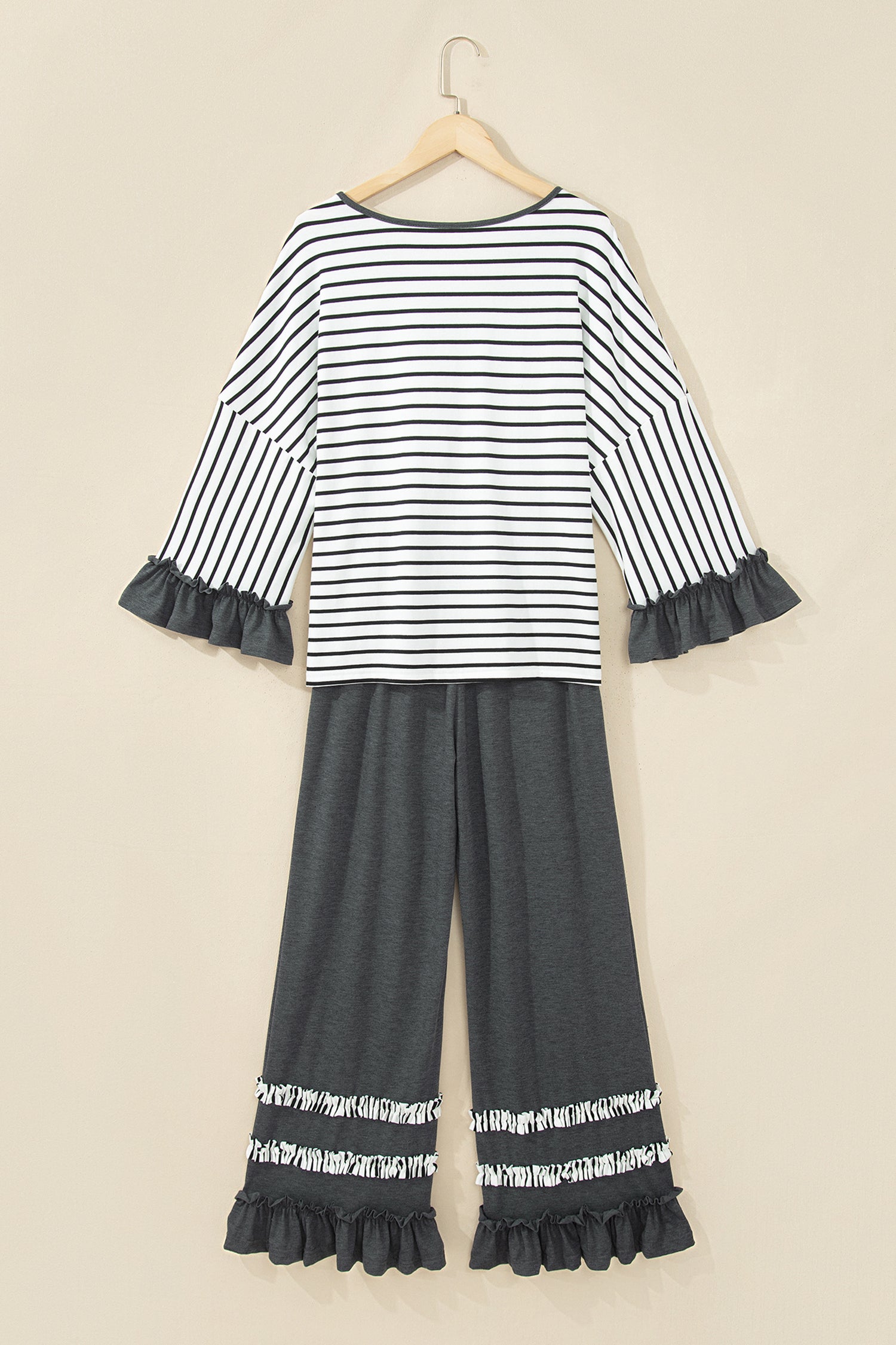 Gray Stripe V Neck Ruffle Contrast Sleeve Top Drawstring Pants 2pcs Set-Two Piece Sets/Pant Sets-[Adult]-[Female]-2022 Online Blue Zone Planet