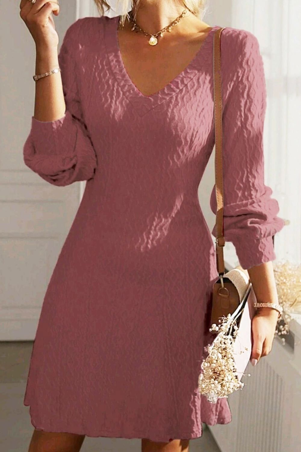 Blue Zone Planet | Texture V-Neck Long Sleeve Dress-TOPS / DRESSES-[Adult]-[Female]-Dusty Pink-S-2022 Online Blue Zone Planet