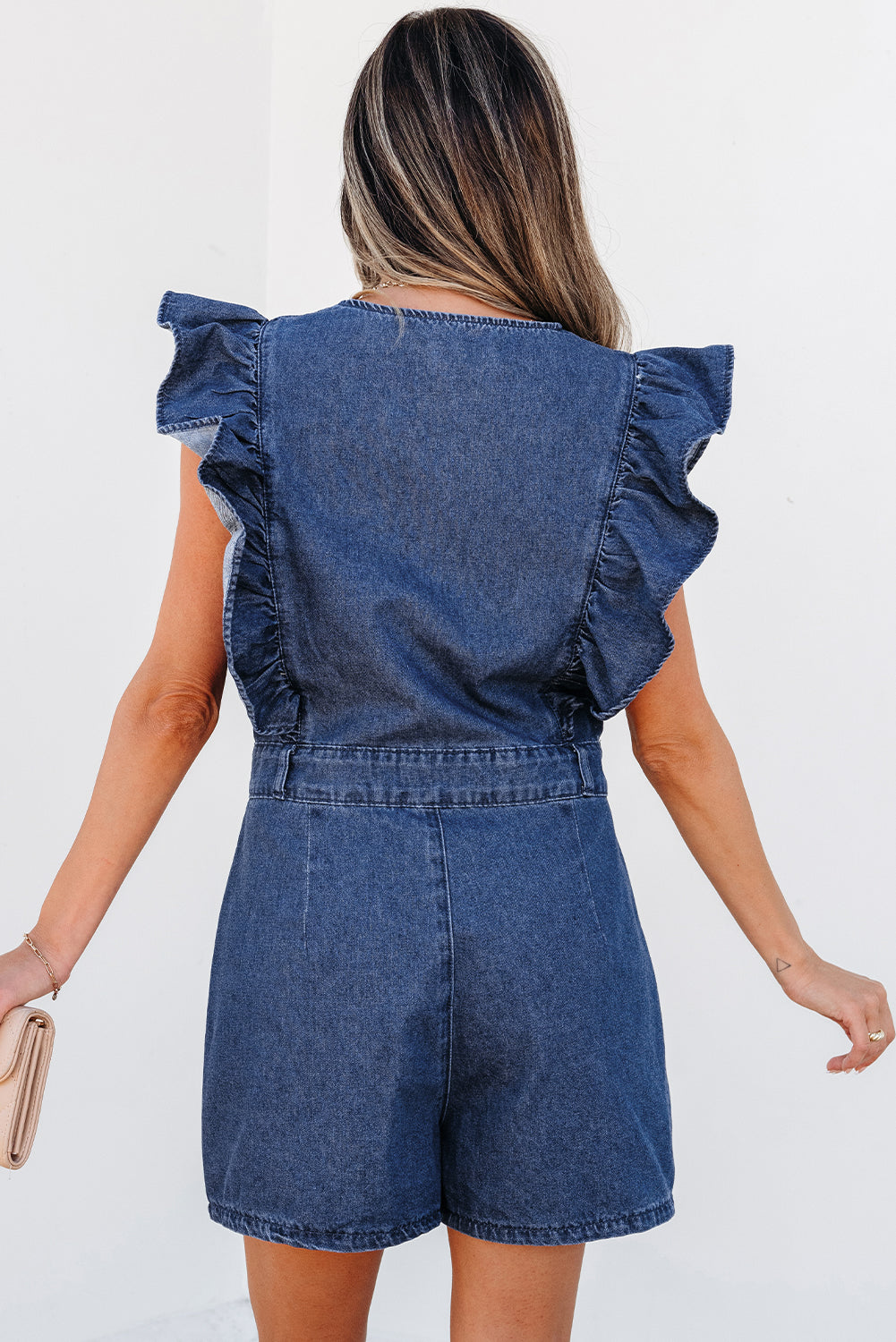 Blue Zone Planet | Sail Blue Denim Ruffled Zipped Front Belted Romper-Bottoms/Jumpsuits & Rompers-[Adult]-[Female]-2022 Online Blue Zone Planet