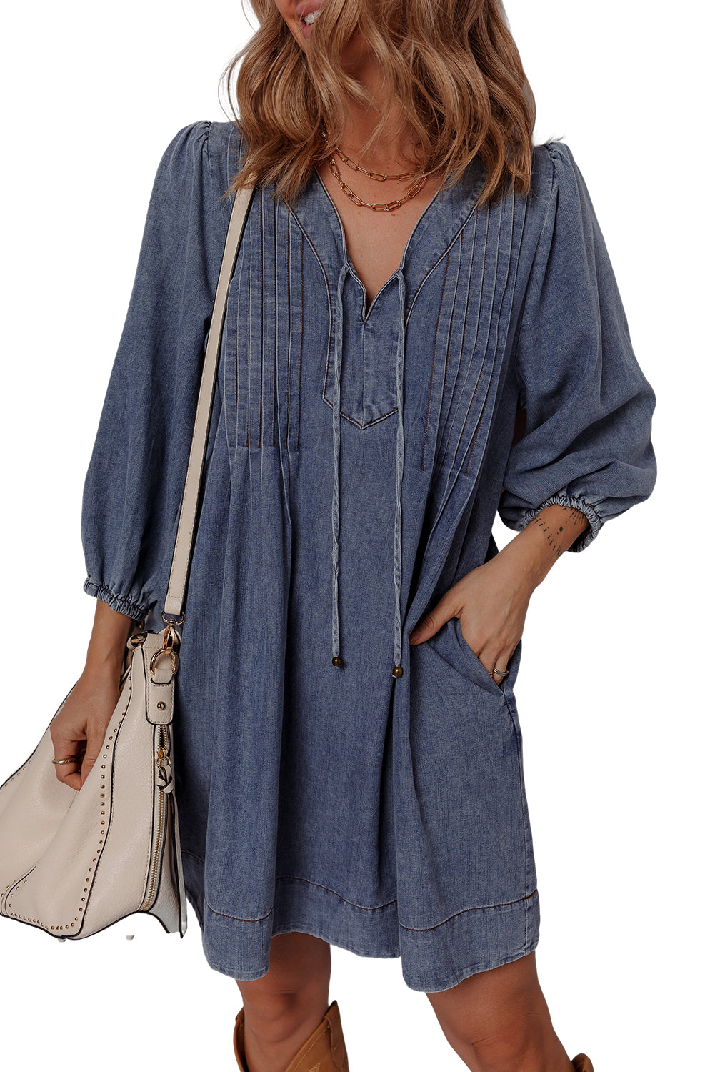 Sail Blue 3/4 Sleeve Tied V Neck Pleated Denim Mini Dress-TOPS / DRESSES-[Adult]-[Female]-2022 Online Blue Zone Planet