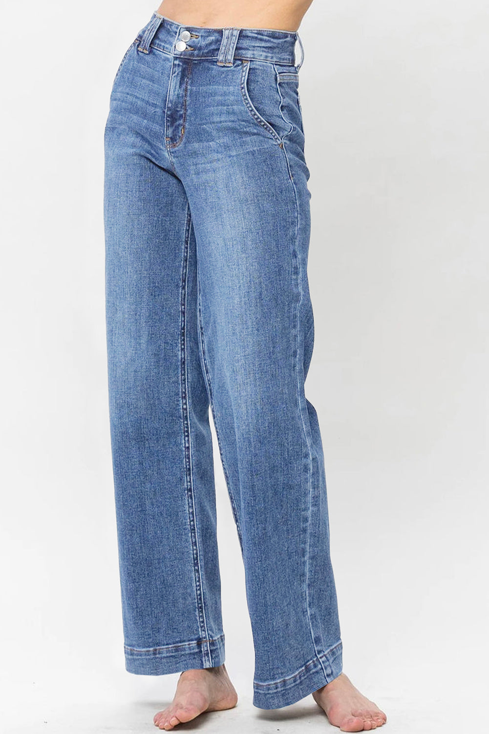 Sky Blue Double Button Zip Fly Straight Leg Jeans-Bottoms/Jeans-[Adult]-[Female]-2022 Online Blue Zone Planet