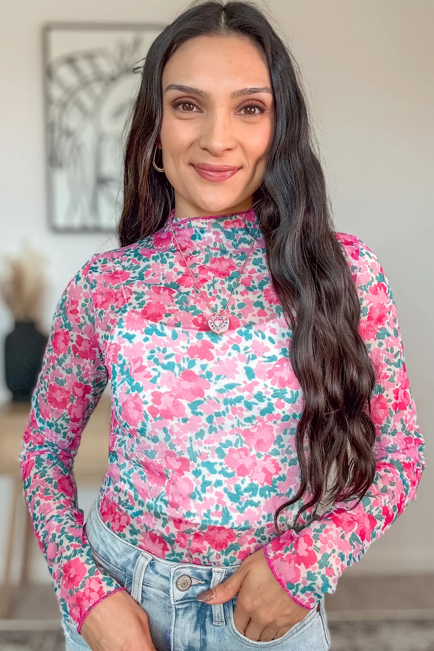 Pink Slim Fit Floral Mesh Long Sleeve Mock Neck Top-Tops/Long Sleeve Tops-[Adult]-[Female]-2022 Online Blue Zone Planet