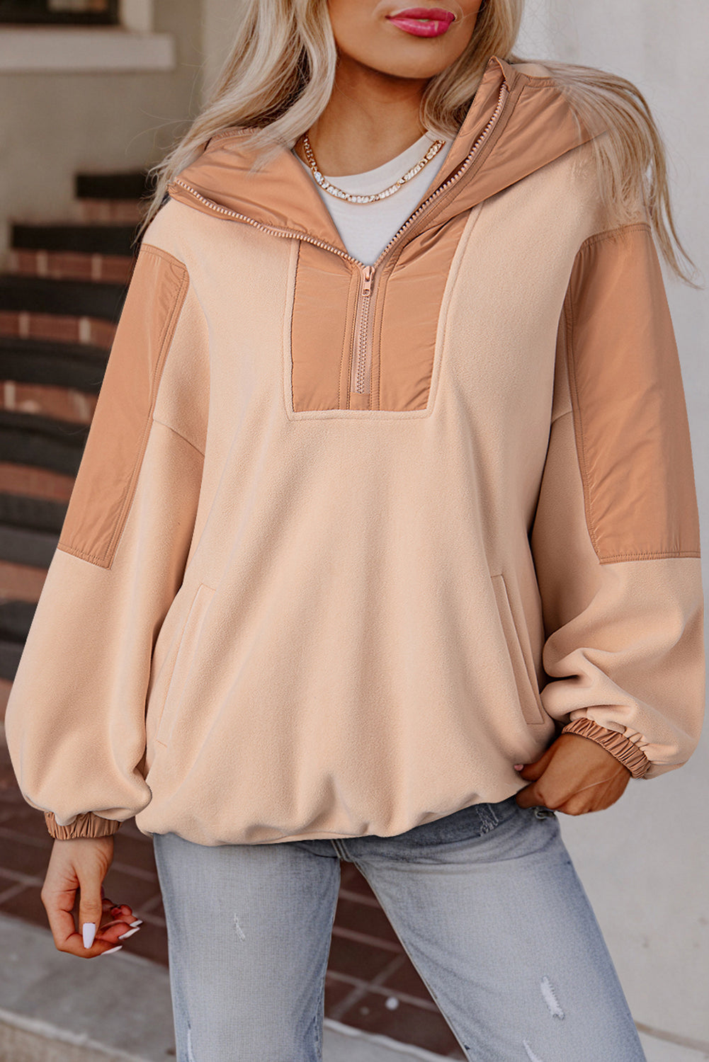 Blue Zone Planet | Pink Colorblock Patchwork Half Zip Oversized Sherpa Hoodie-Tops / Dresses-[Adult]-[Female]-Light French Beige-S-2022 Online Blue Zone Planet