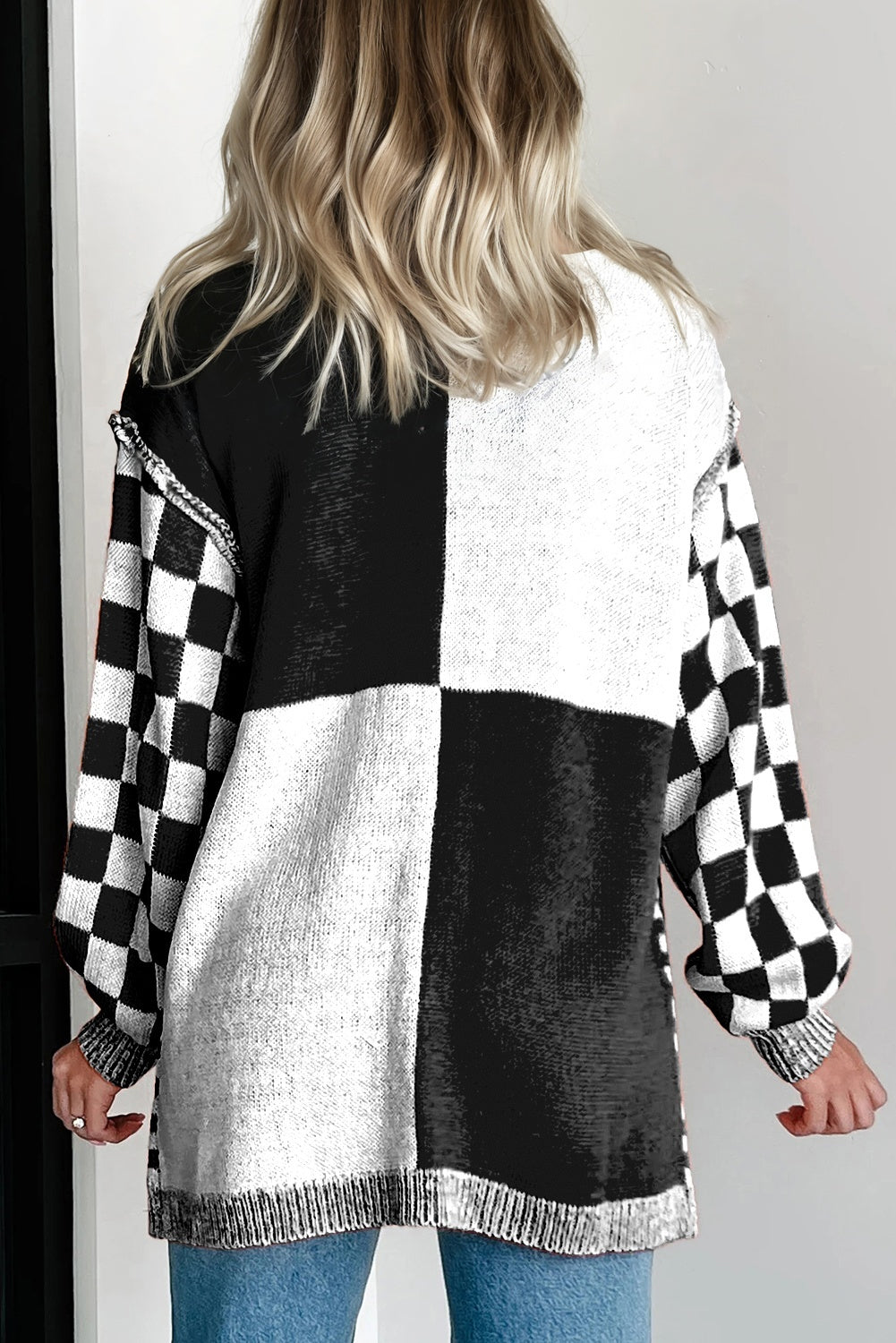 Black Checkered Bubble Sleeve Drop Shoulder Open Cardigan-Plus Size/Plus Size Sweaters & Cardigans-[Adult]-[Female]-2022 Online Blue Zone Planet