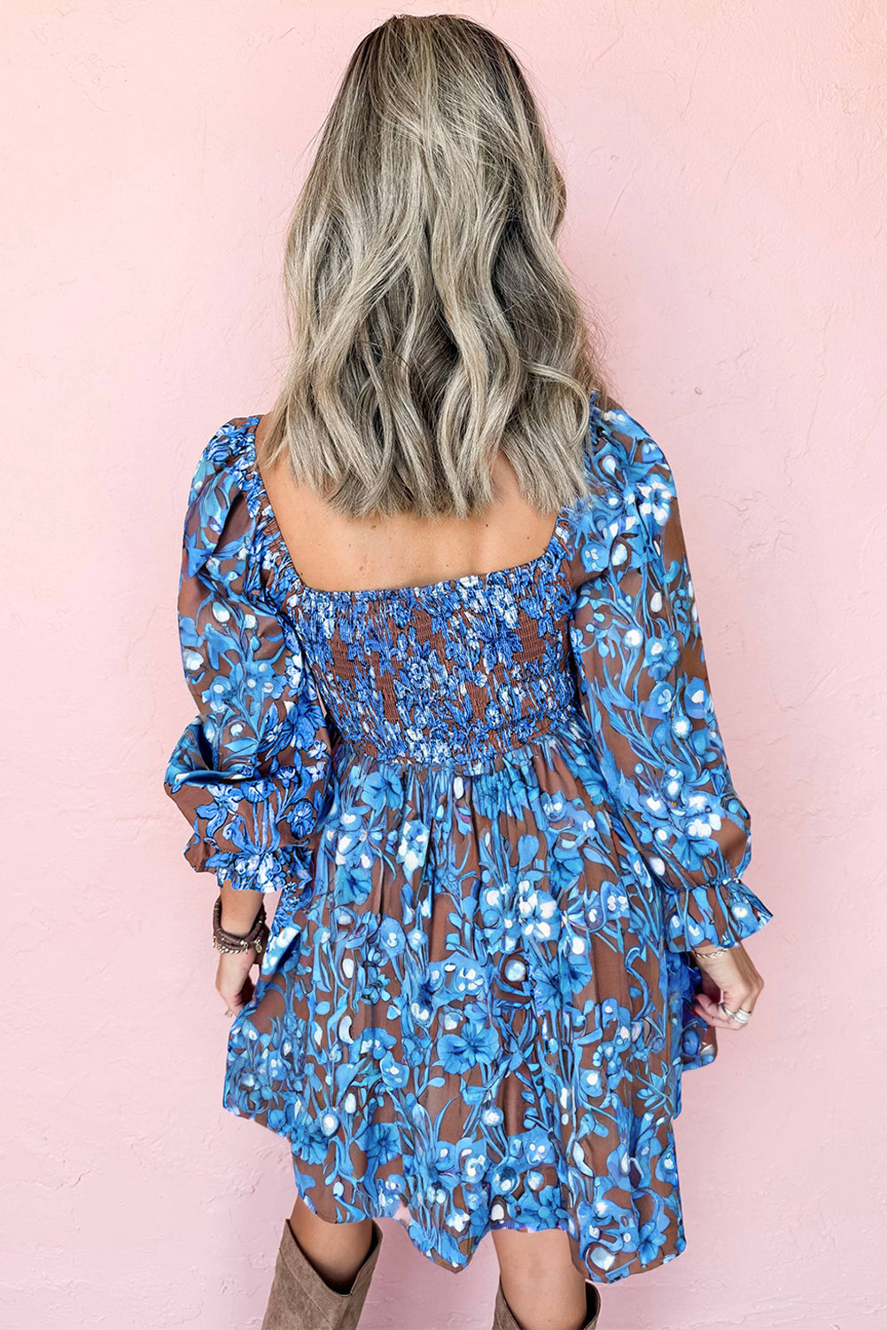 Blue Smocked Bodice High Waist Ruffled Sleeve Floral Dress-TOPS / DRESSES-[Adult]-[Female]-2022 Online Blue Zone Planet