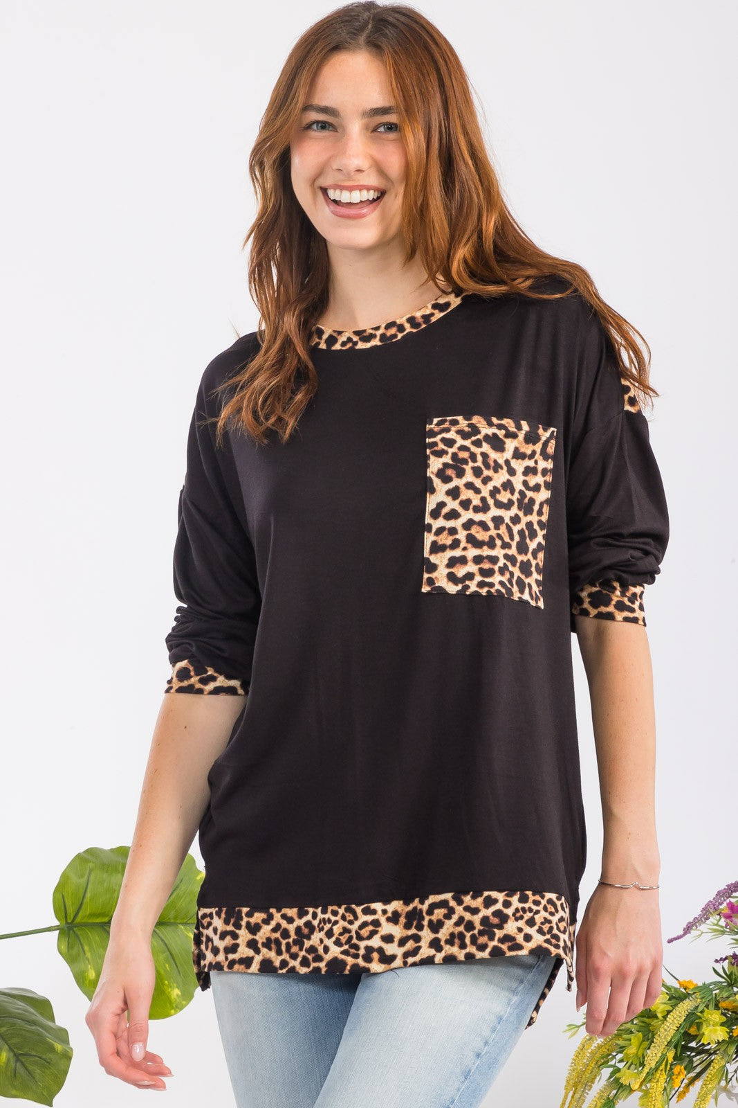 Blue Zone Planet | Celeste Full Size Leopard Round Neck Dropped Shoulder T-Shirt-TOPS / DRESSES-[Adult]-[Female]-Black-S-2022 Online Blue Zone Planet