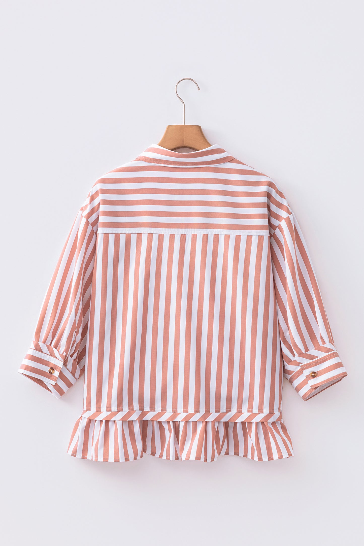 Khaki Stripe Button Front Ruffle Hem Bracelet Sleeve Shirt-Bracelet-[Adult]-[Female]-2022 Online Blue Zone Planet