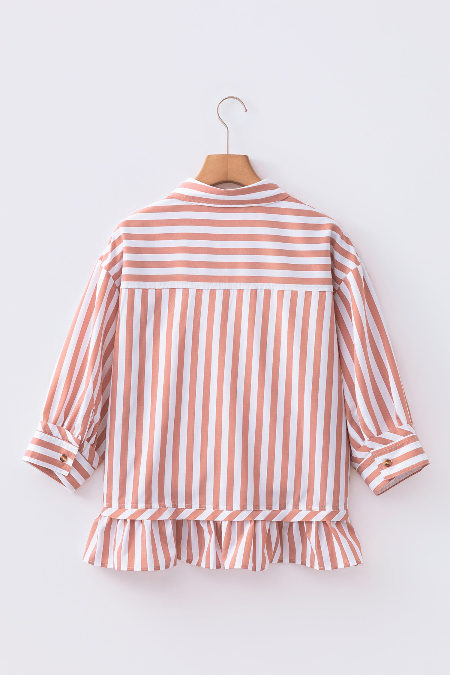 Khaki Stripe Button Front Ruffle Hem Bracelet Sleeve Shirt-Bracelet-[Adult]-[Female]-2022 Online Blue Zone Planet