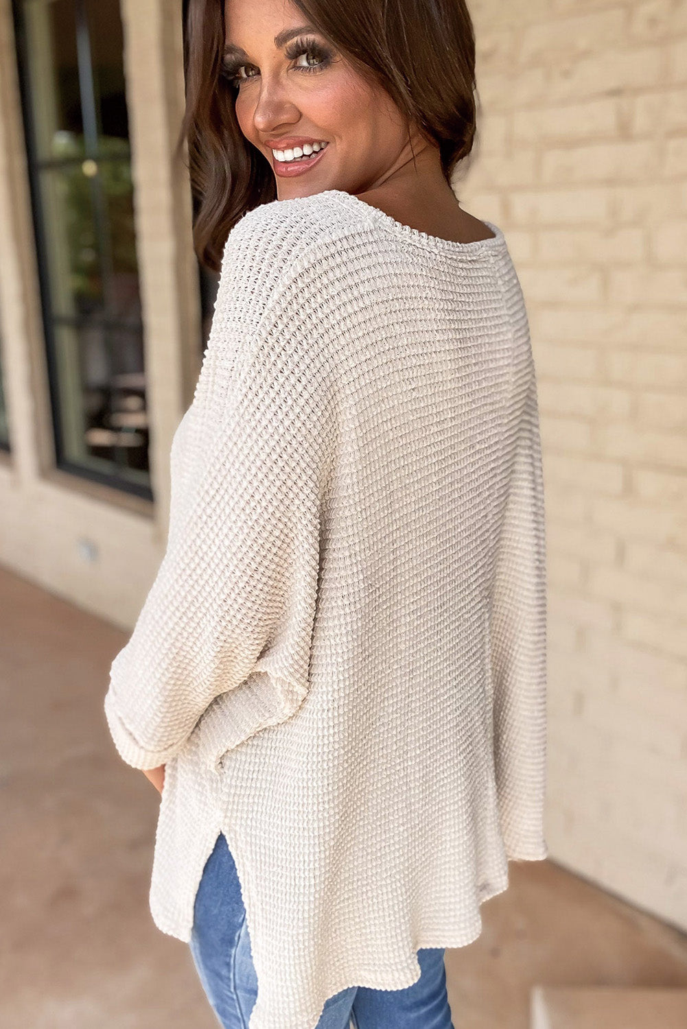 White Waffle Knit Side Slits Loose Fit V Neck Top-Tops/Long Sleeve Tops-[Adult]-[Female]-2022 Online Blue Zone Planet