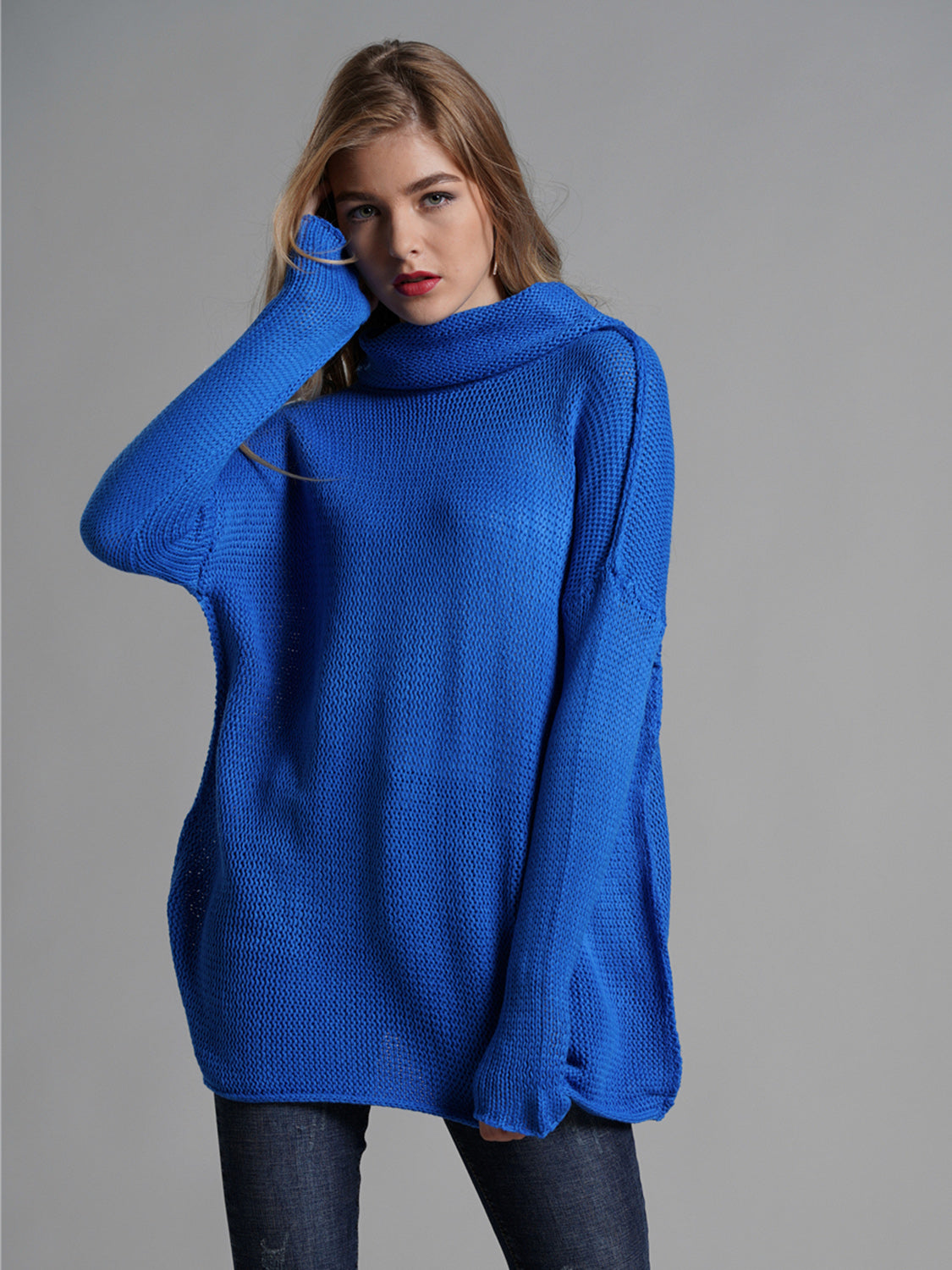 Turtleneck Dropped Shoulder Long Sleeve Sweater-TOPS / DRESSES-[Adult]-[Female]-Royal Blue-S-2022 Online Blue Zone Planet