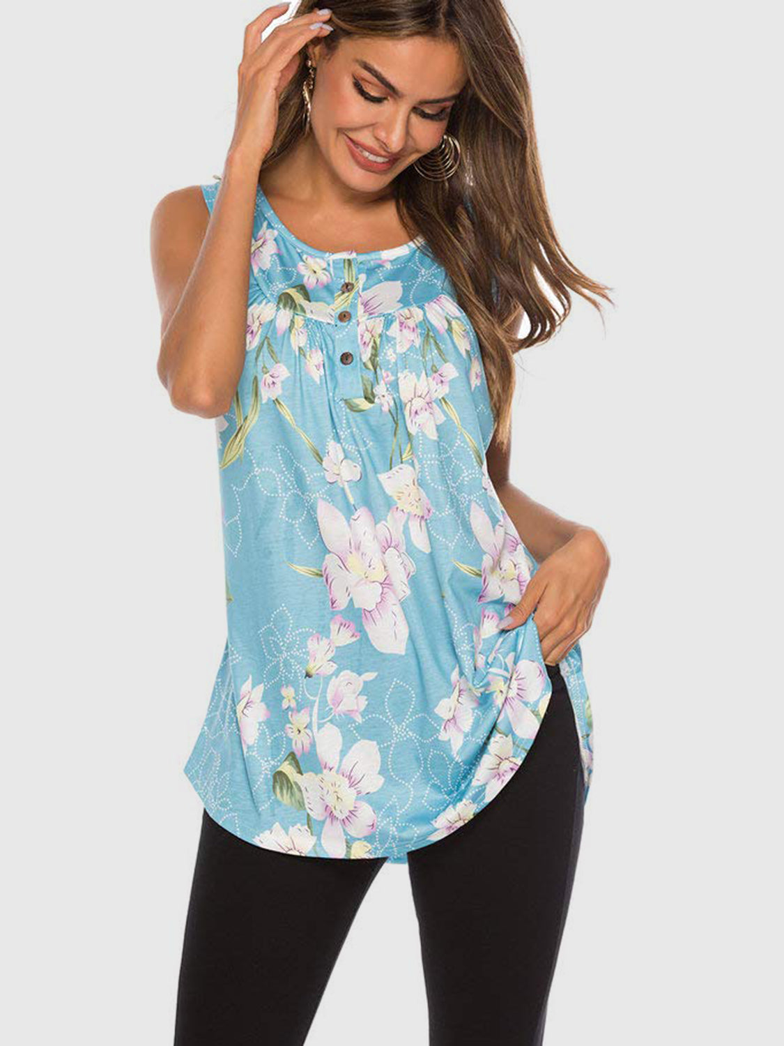 Flower Printed Round Neck Tank-TOPS / DRESSES-[Adult]-[Female]-Pastel Blue-S-2022 Online Blue Zone Planet