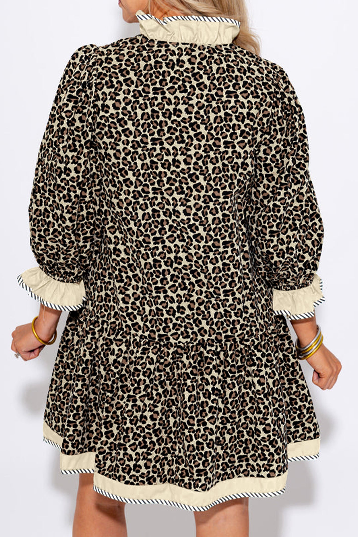 Black Leopard Print Striped Color Block Trim V Neck Bracelet Sleeve Mini Dress-TOPS / DRESSES-[Adult]-[Female]-2022 Online Blue Zone Planet