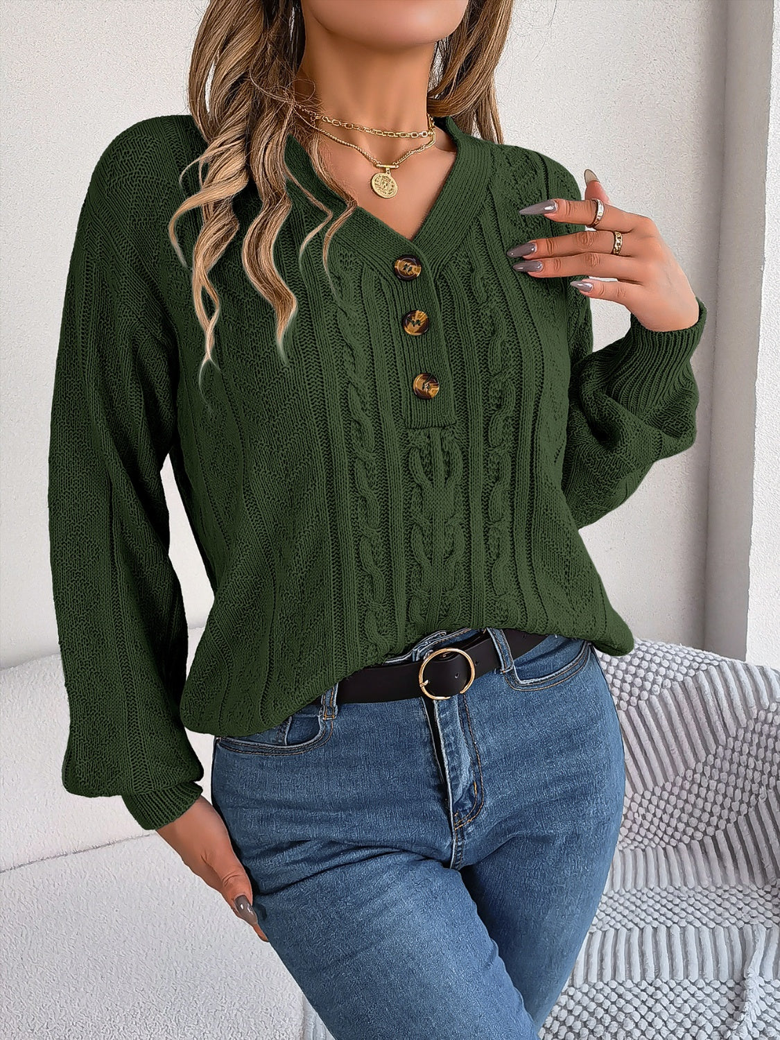 Cable-Knit V-Neck Long Sleeve Sweater-TOPS / DRESSES-[Adult]-[Female]-2022 Online Blue Zone Planet