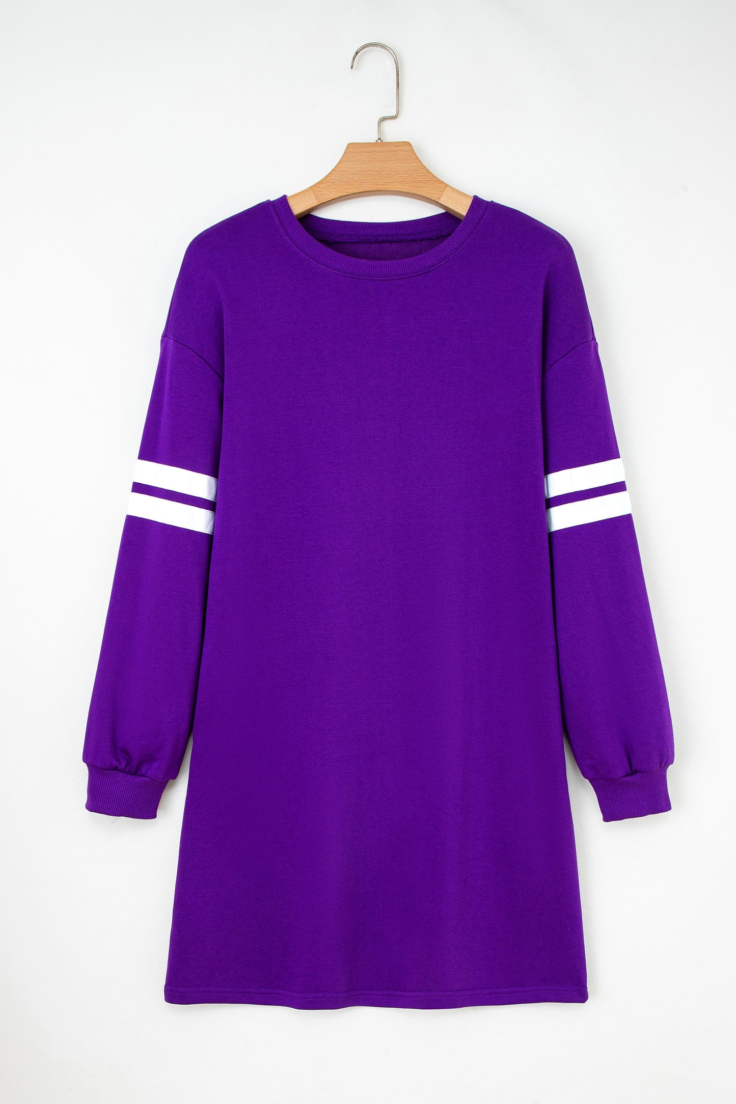 Tillandsia Purple Varsity Contrast Banded Sleeve Shift Sweatshirt Dress-TOPS / DRESSES-[Adult]-[Female]-2022 Online Blue Zone Planet