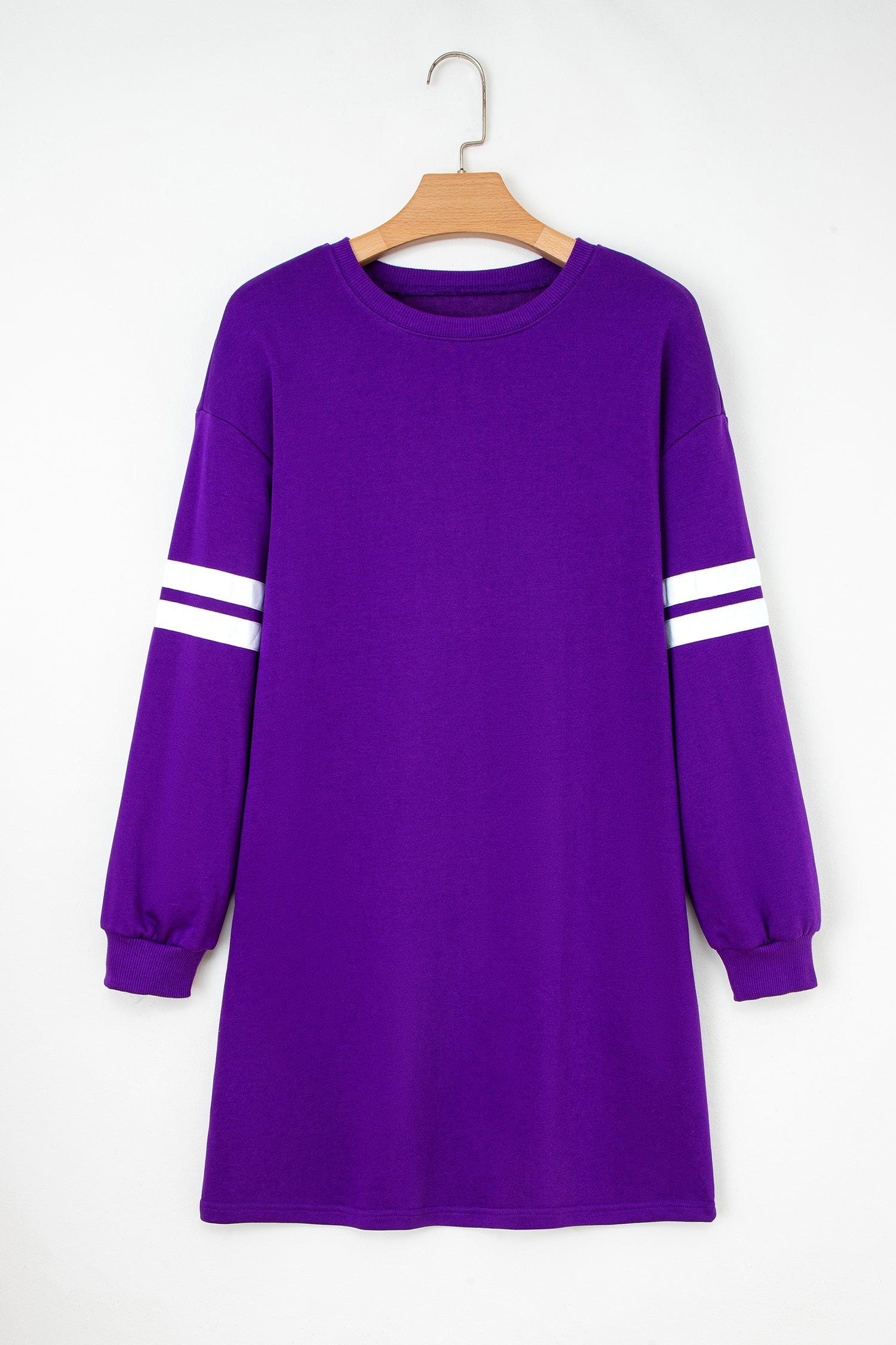 Tillandsia Purple Varsity Contrast Banded Sleeve Shift Sweatshirt Dress-TOPS / DRESSES-[Adult]-[Female]-2022 Online Blue Zone Planet