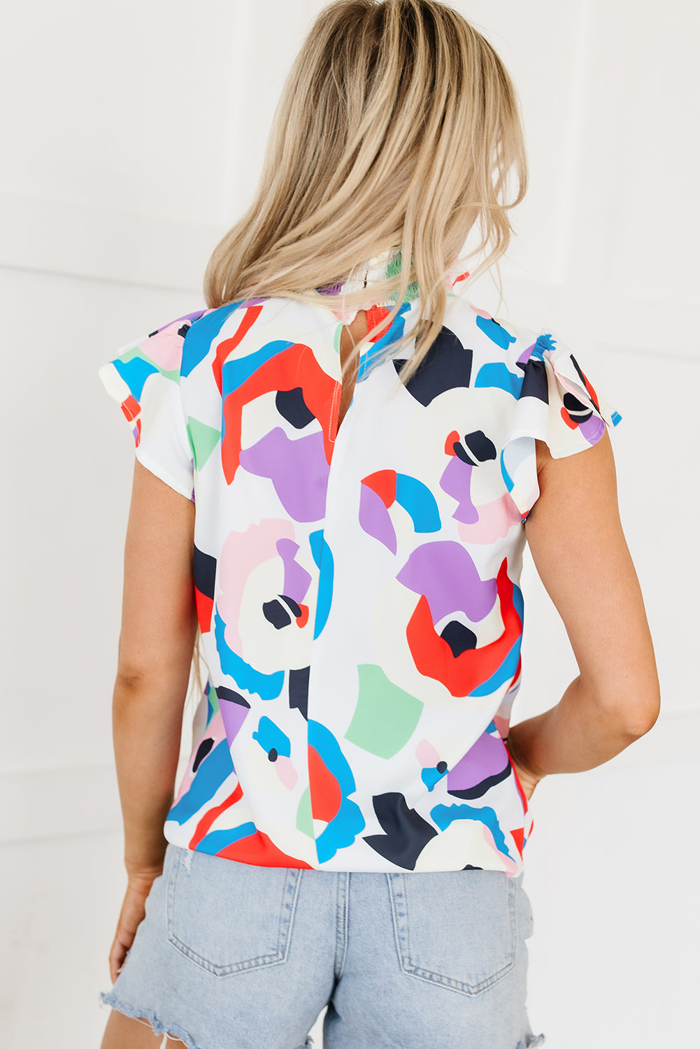 Multicolor Abstract Print Ruffle Sleeve Smocked Blouse-Sale (50% OFF)/30% OFF-[Adult]-[Female]-2022 Online Blue Zone Planet