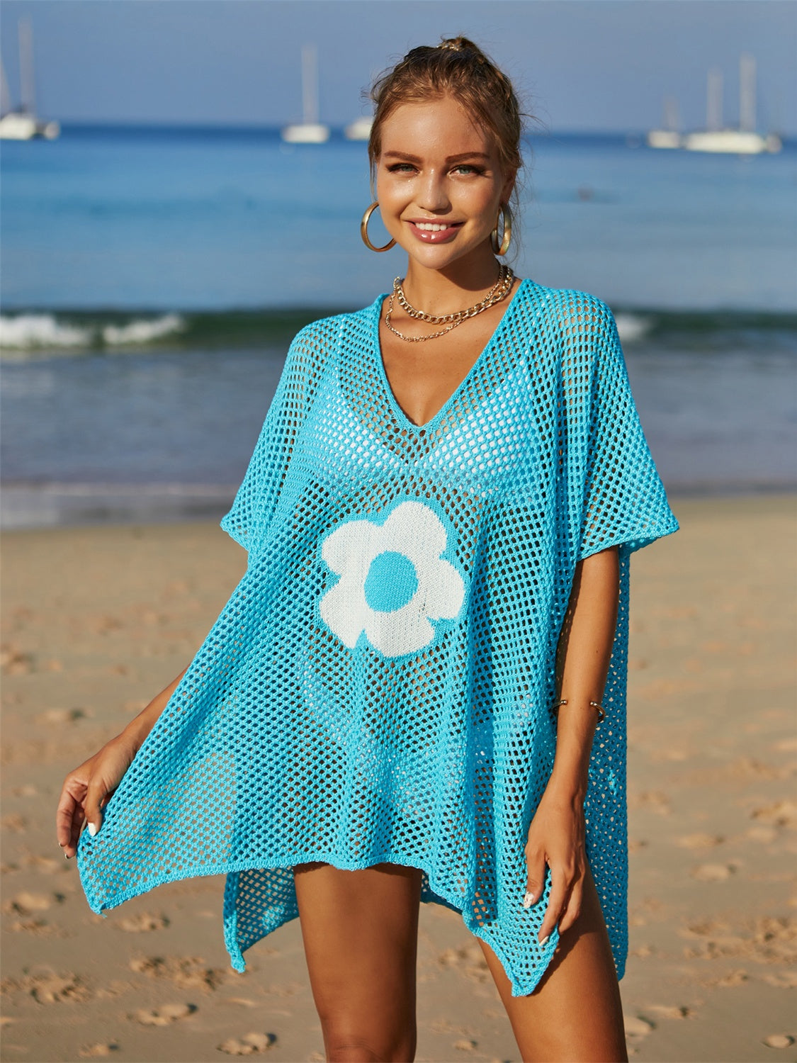 Blue Zone Planet |  Openwork Flower V-Neck Short Sleeve Cover Up BLUE ZONE PLANET