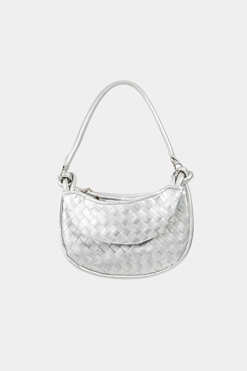 Fame PU Leather Basket Weave Half Moon Bag-HANDBAGS-[Adult]-[Female]-Silver-One Size-2022 Online Blue Zone Planet