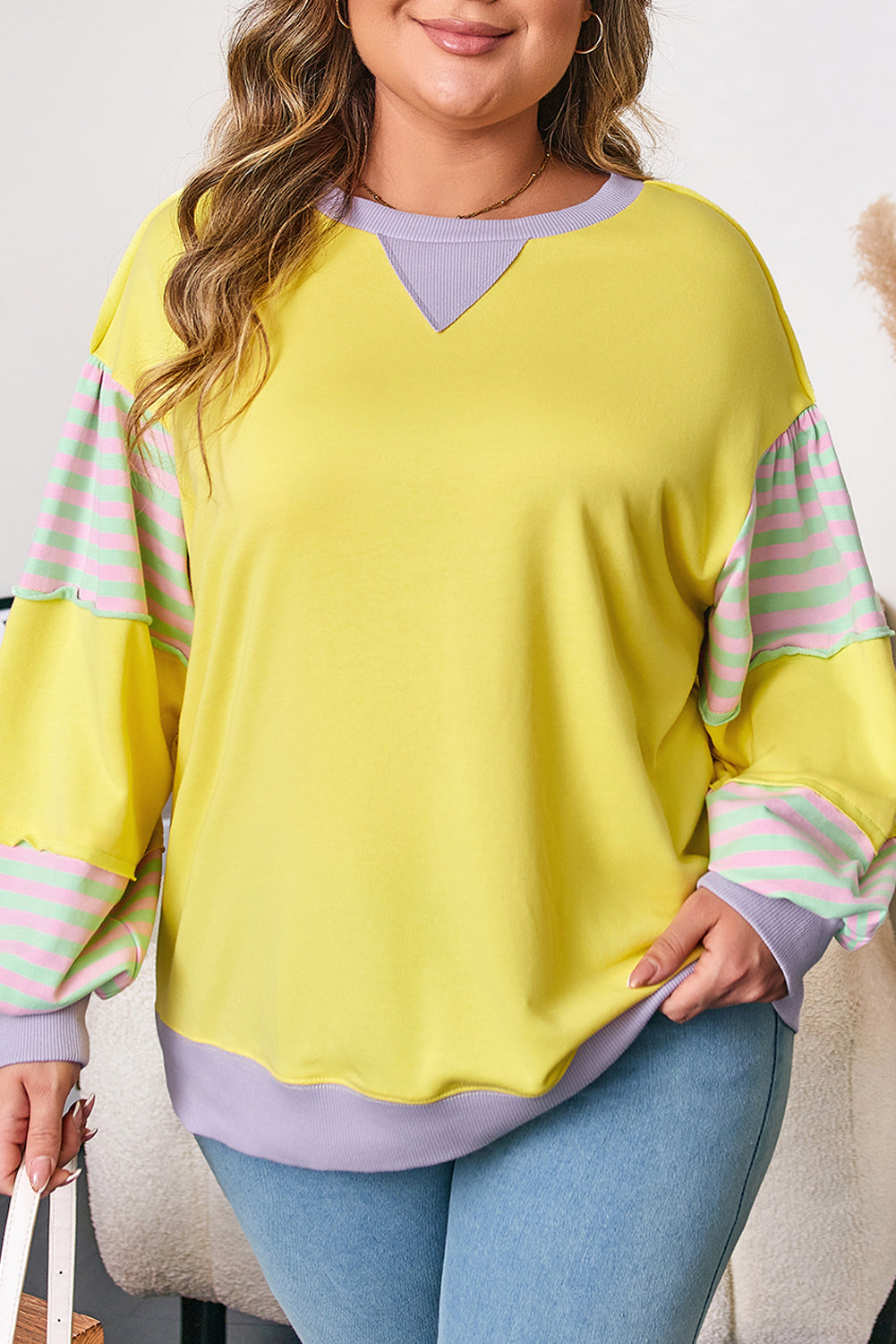 Yellow Striped Color Block Patchwork Crewneck Plus Size Pullover Sweatshirt-Plus Size/Plus Size Sweatshirts & Hoodies-[Adult]-[Female]-2022 Online Blue Zone Planet