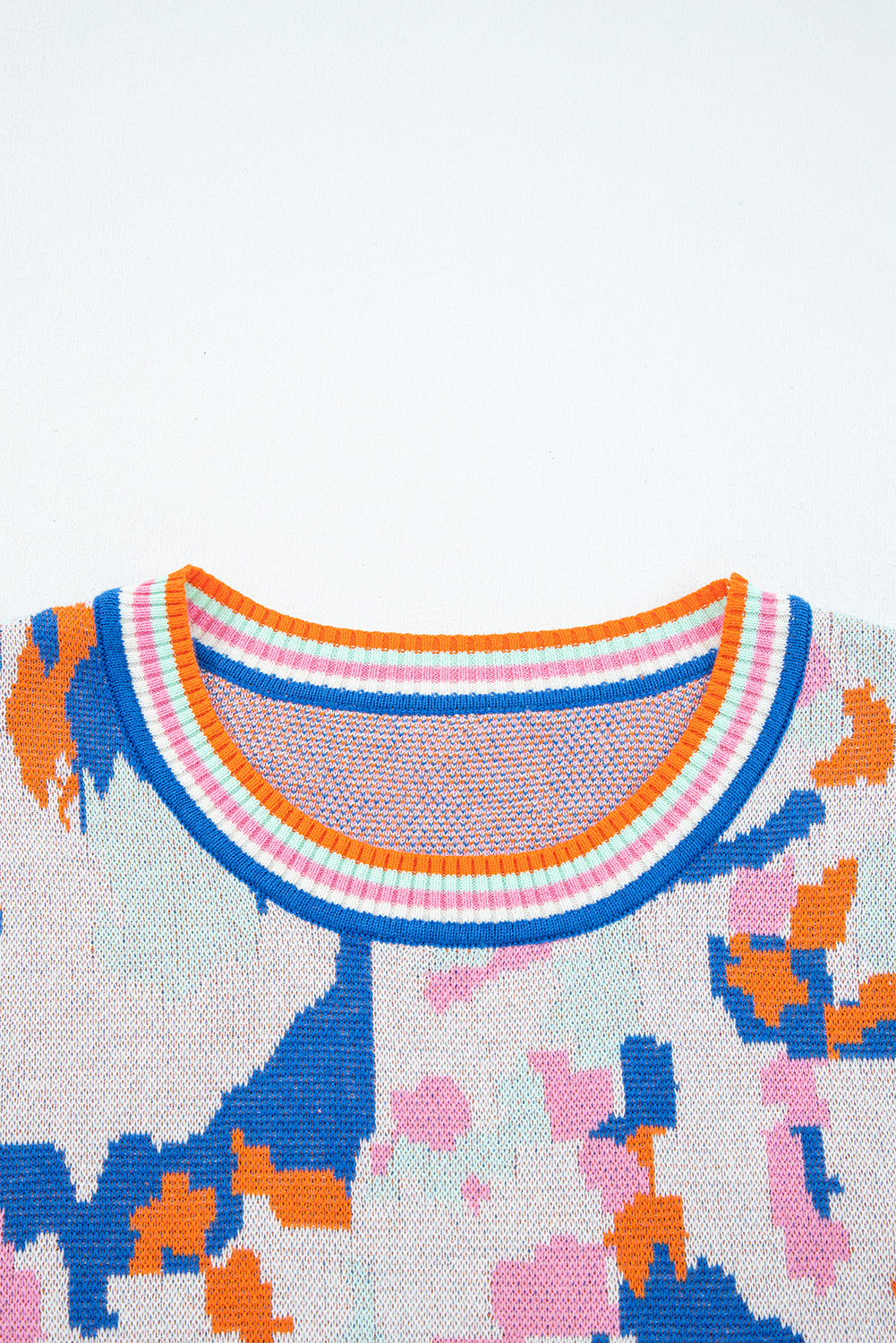 Apricot Abstract Pattern Knit Contrast Striped Trim Short Sleeve Sweater-Sweaters & Cardigans/Short Sleeve Sweaters-[Adult]-[Female]-2022 Online Blue Zone Planet