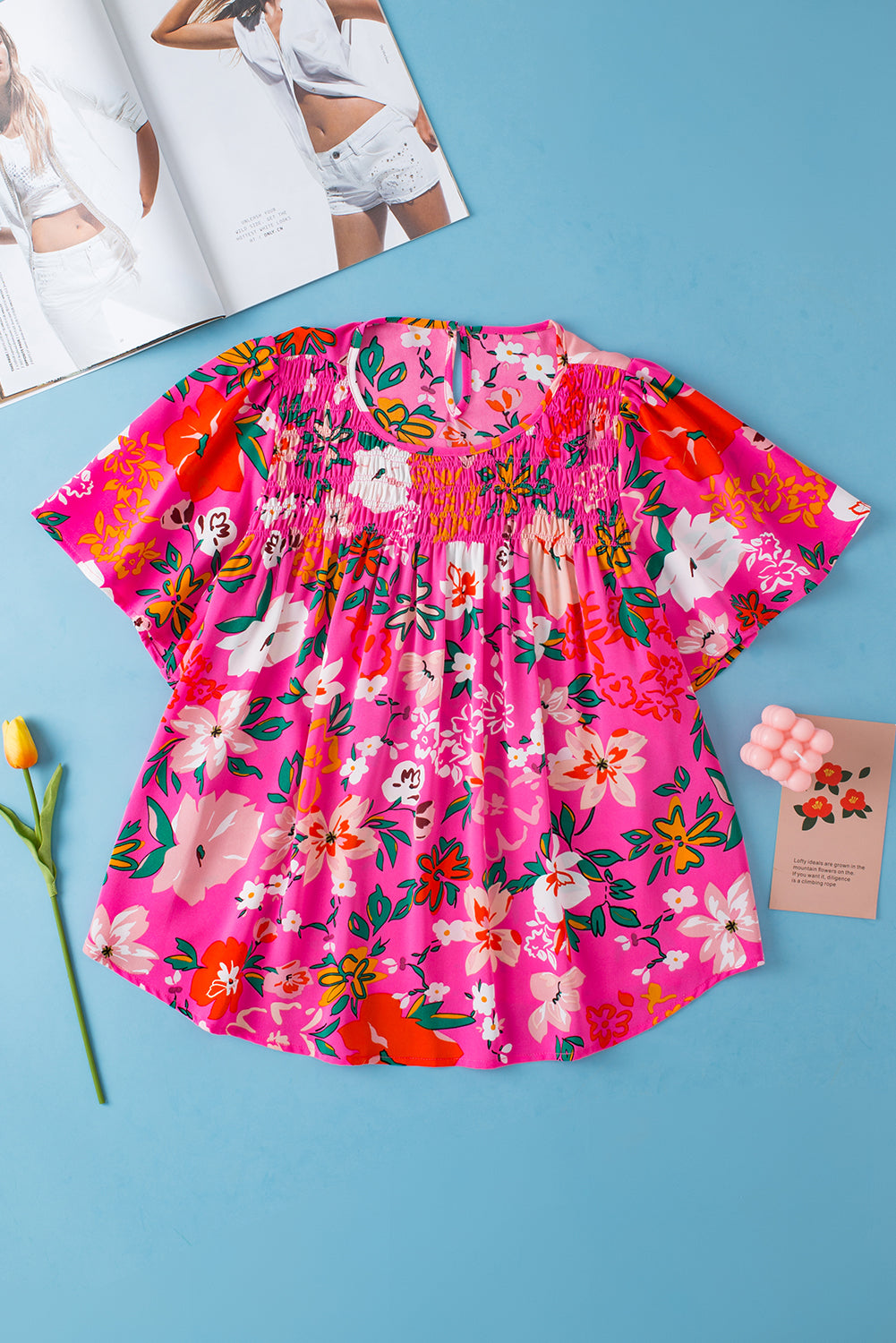 Pink Floral Short Sleeve Smocked Blouse-Tops/Blouses & Shirts-[Adult]-[Female]-2022 Online Blue Zone Planet