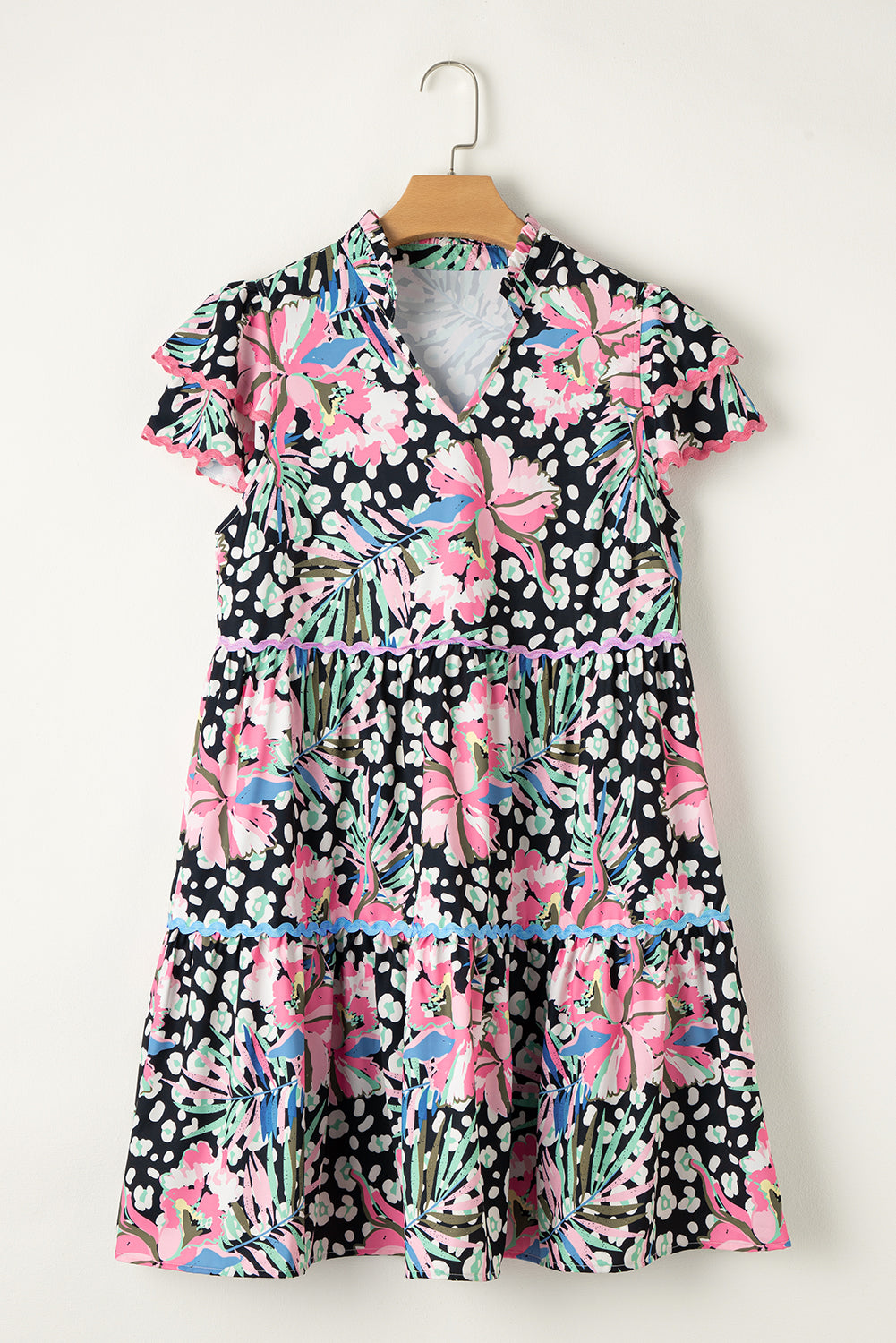 Blue Zone Planet |  Pink Floral Ricrac Embellished Tiered Mini Dress Blue Zone Planet