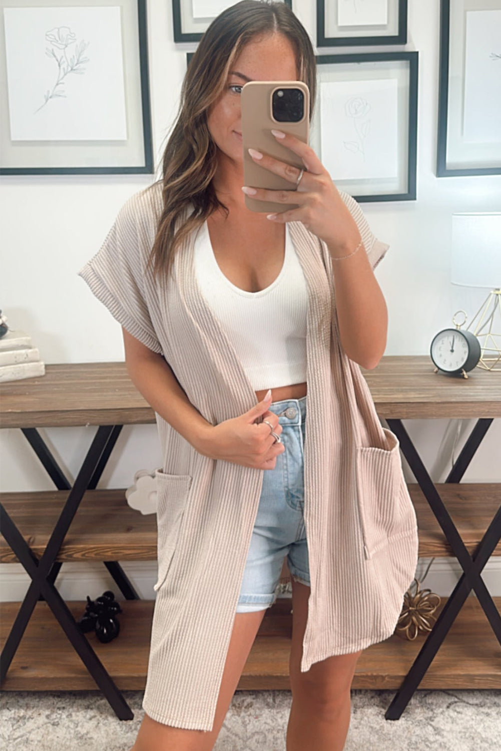 Parchment Ribbed Pocketed Short Sleeve Open Front Top-Outerwear/Kimonos-[Adult]-[Female]-2022 Online Blue Zone Planet
