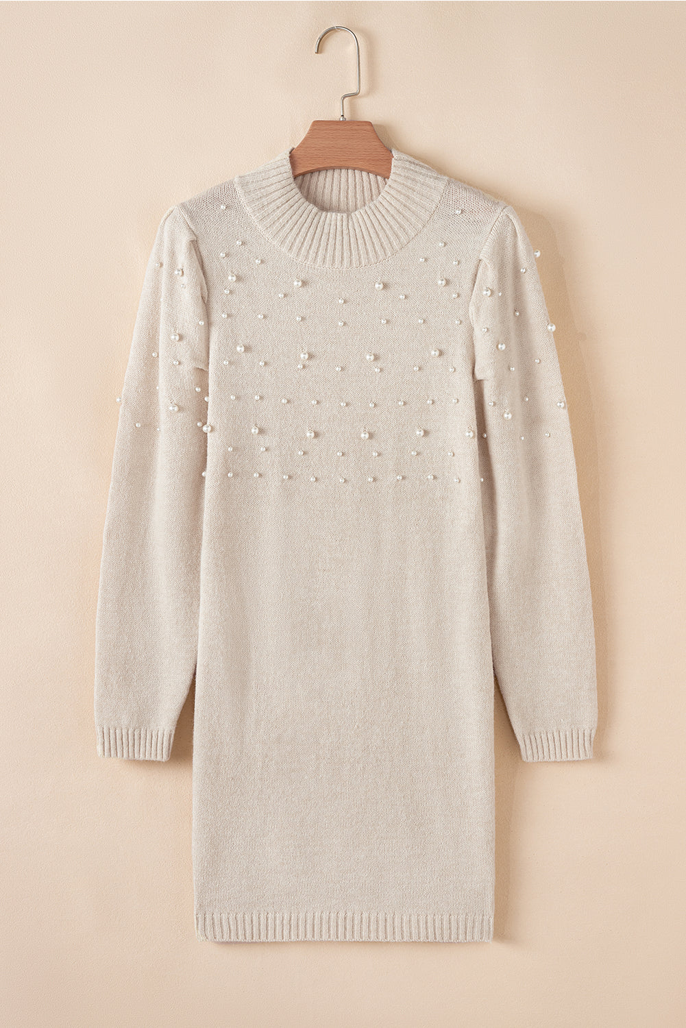 Parchment Pearl Beaded High Neck Bodycon Sweater Dress-Sweaters & Cardigans/Sweater Dresses-[Adult]-[Female]-2022 Online Blue Zone Planet