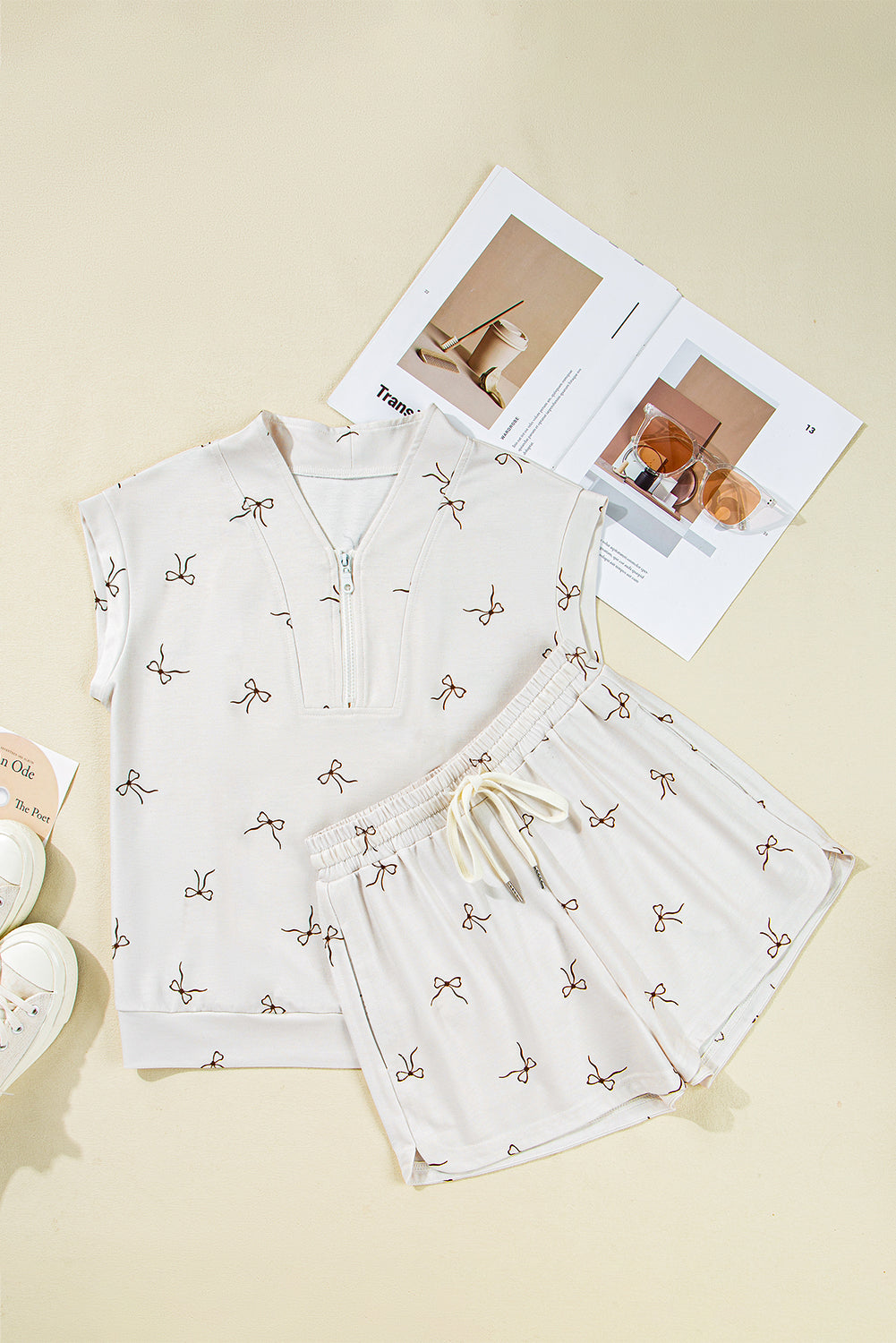 Beige Bow Print Half Zip Tank and Shorts 2pcs Set-Two Piece Sets/Short Sets-[Adult]-[Female]-2022 Online Blue Zone Planet