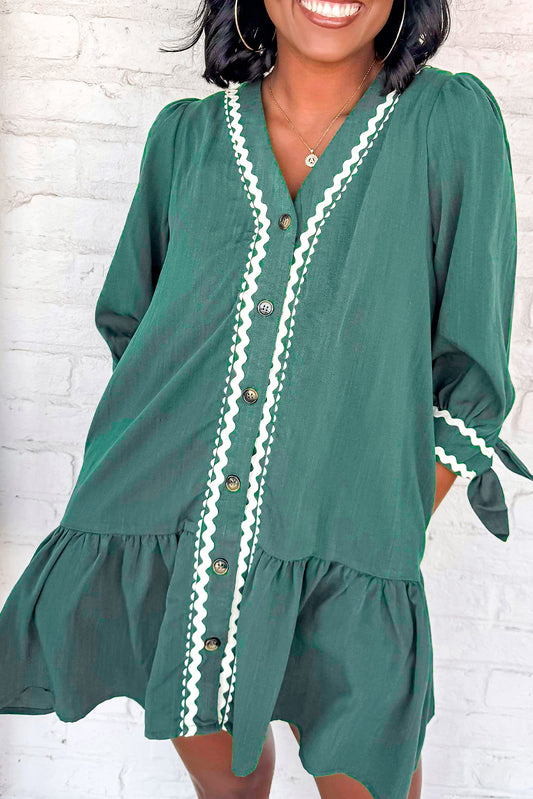 Canton Contrast Ricrac Trim Button V Neck Knotted Bracelet Sleeve Shift Dress