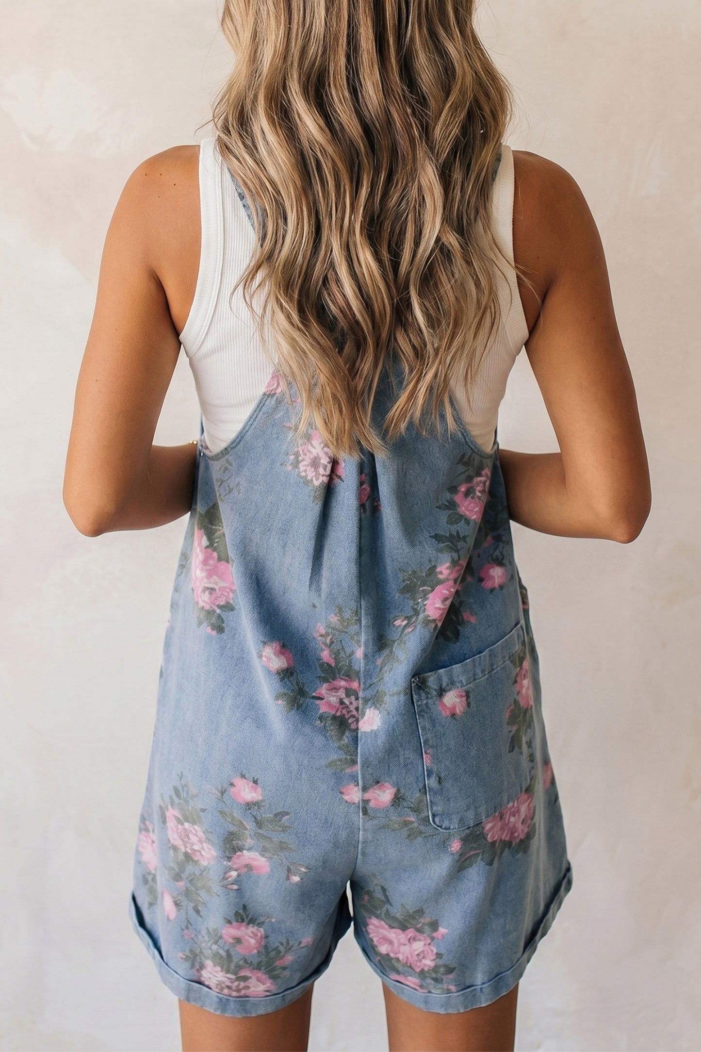 Myosotis Floral Print Denim Shortalls-Bottoms/Jumpsuits & Rompers-[Adult]-[Female]-2022 Online Blue Zone Planet