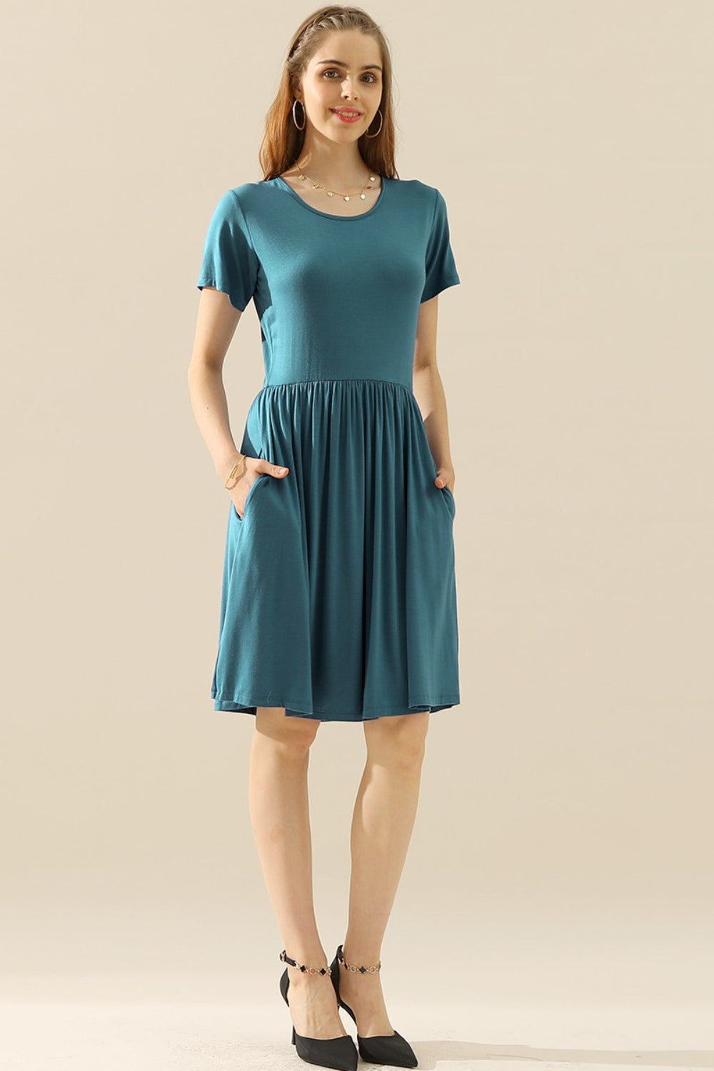 Ninexis Full Size Round Neck Ruched Dress with Pockets-TOPS / DRESSES-[Adult]-[Female]-TEAL-S-2022 Online Blue Zone Planet