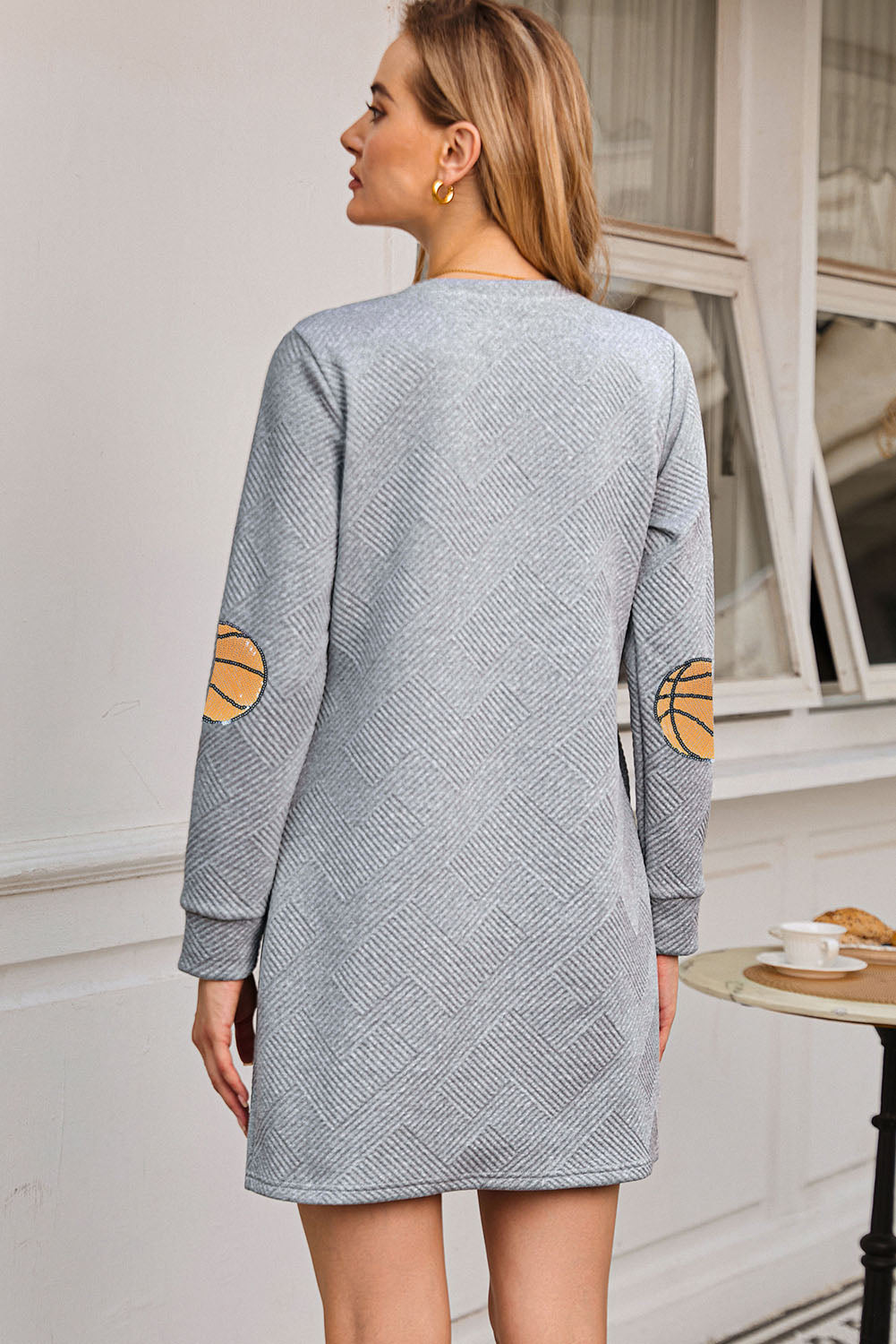 Gray Sequin Basketball Patched Textured Crewneck Shift Mini Dress-Graphic Apparel-[Adult]-[Female]-2022 Online Blue Zone Planet