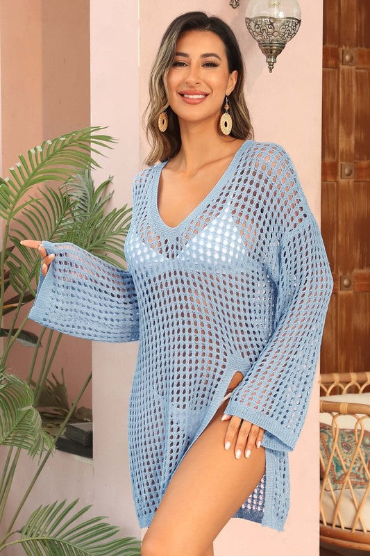 Crochet Side Split Beach Coverups Swimwear Dress-[Adult]-[Female]-2022 Online Blue Zone Planet