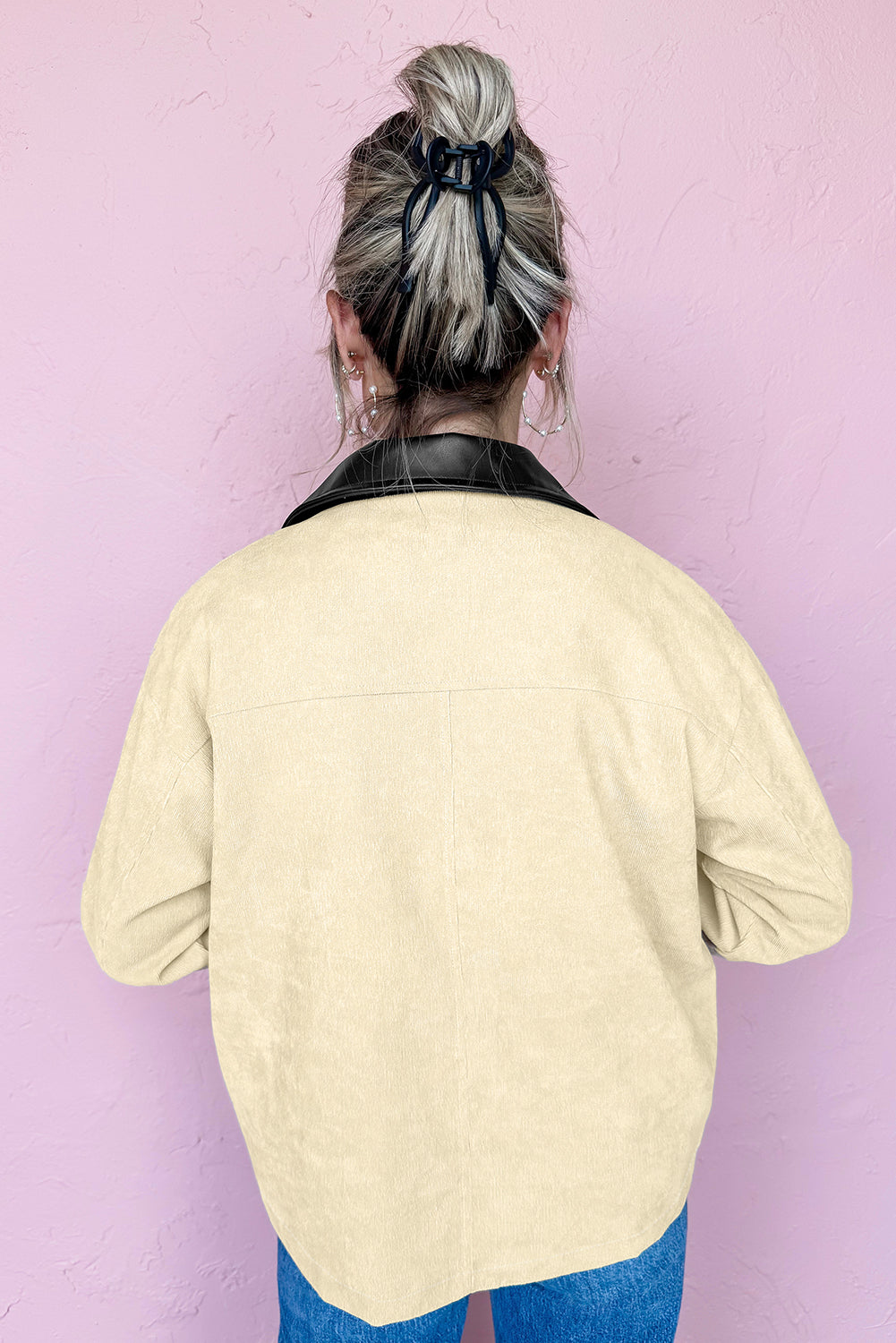 Parchment Contrast Leather Collar Textured Zip Up Jacket-Outerwear/Jackets-[Adult]-[Female]-2022 Online Blue Zone Planet