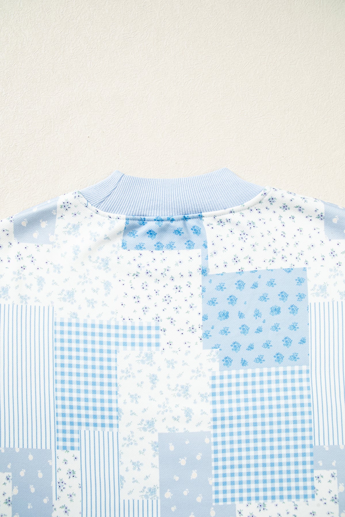 Sky Blue Patchwork Floral Print Mock Neck Long Sleeve Sweatshirt-Tops/Sweatshirts & Hoodies-[Adult]-[Female]-2022 Online Blue Zone Planet